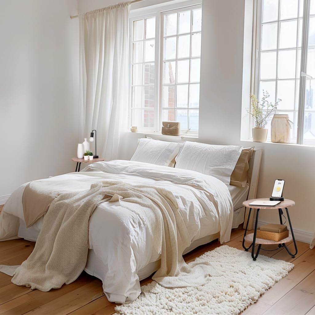 Table d'appoint ronde à 2 niveaux style industriel en métal noir et bois imitation chêne - KONYA TARRANT