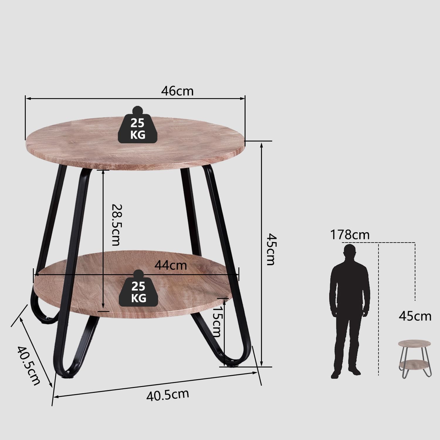 Table d'appoint ronde à 2 niveaux style industriel en métal noir et bois imitation chêne - KONYA TARRANT
