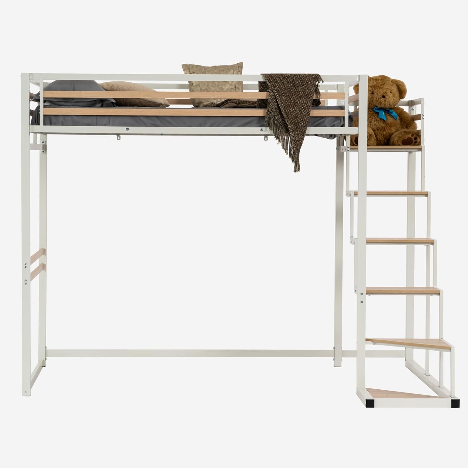 Lit mezzanine 2 places (140x200) avec sommier à lattes au style industriel blanc et bois (matelas non inclus) - UP