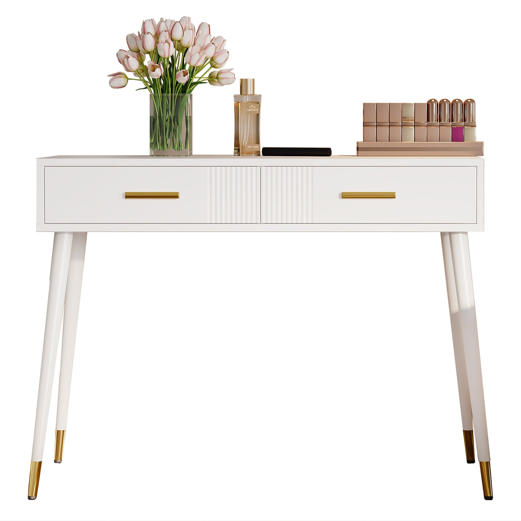 Coiffeuse ou bureau blanc au design moderne avec 2 tiroirs spacieux et pieds en métal doré, 100x40x76 cm.