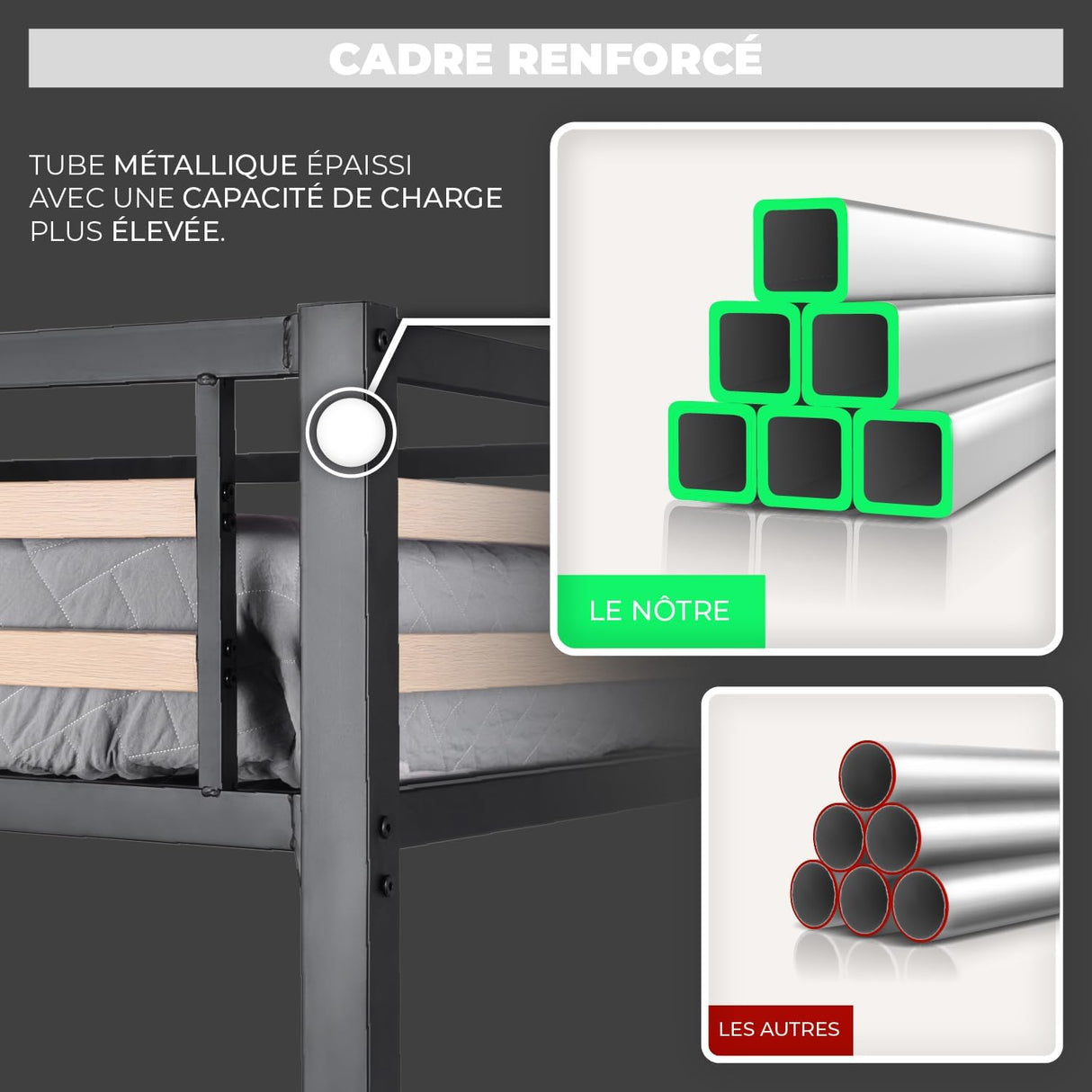 Double mezzanine bed (140x200) with slatted base in black and wood industrial style (mattress not included) - UP