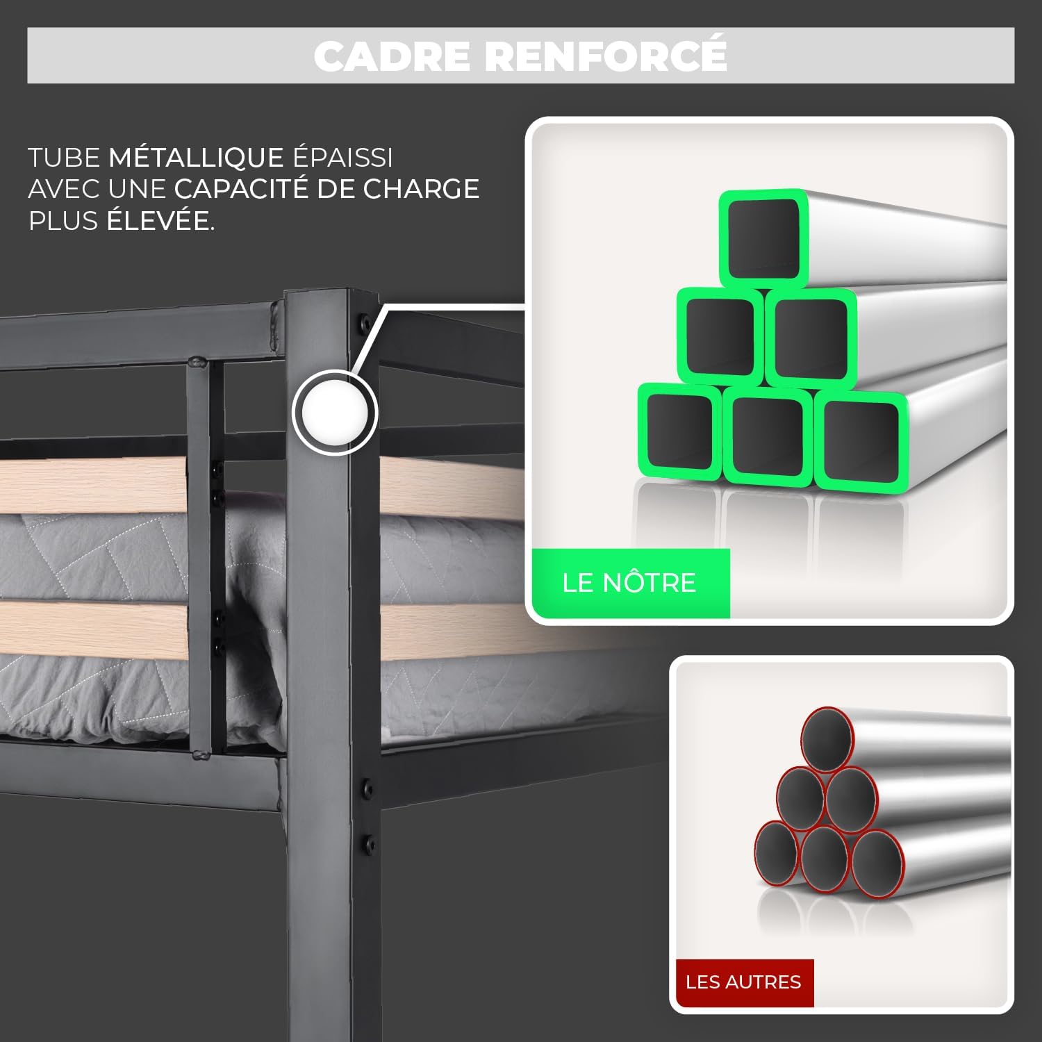 Doppeltes Hochbett (140x200) mit Lattenrost im Industriestil aus Schwarz und Holz (Matratze nicht inbegriffen) - UP