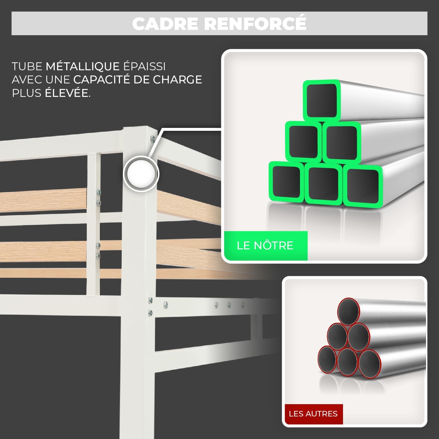 Lit mezzanine 2 places (140x200) avec sommier à lattes au style industriel blanc et bois (matelas non inclus) - UP