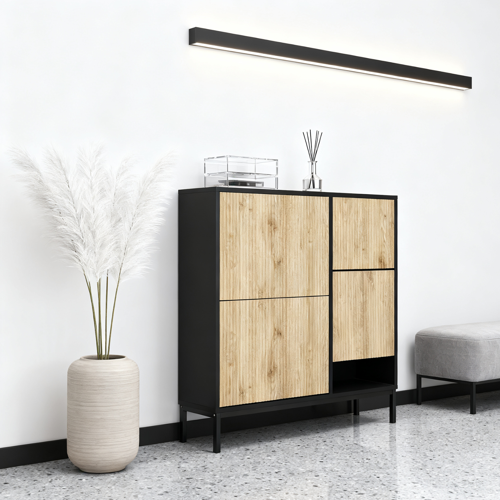 Meuble à chaussures avec banc intégré 100x25x100 cm en MDF noir et bois naturel, 3 abattants, étagères et assise escamotable, idéal pour entrée, couloir ou chambre