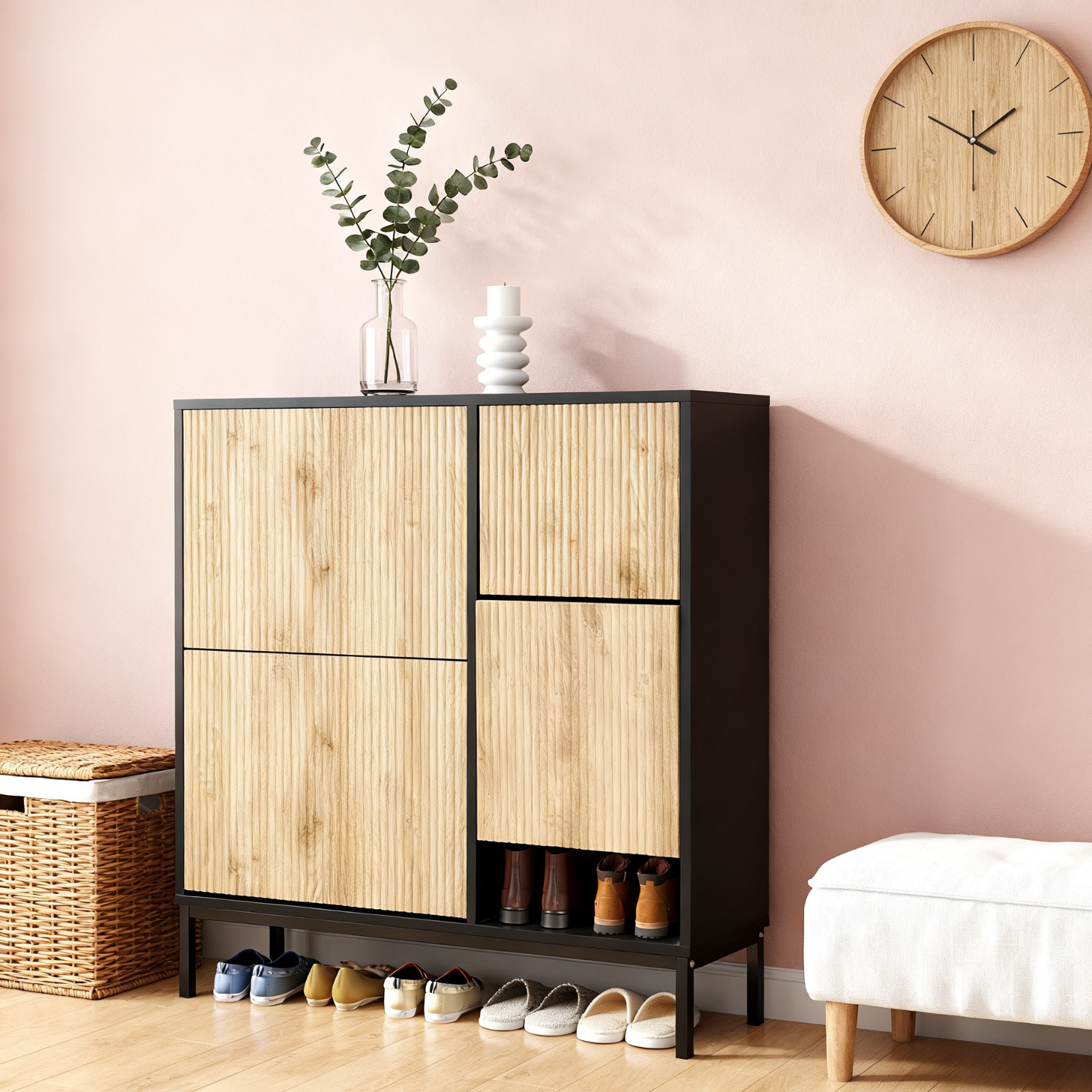 Meuble à chaussures avec banc intégré 100x25x100 cm en MDF noir et bois naturel, 3 abattants, étagères et assise escamotable, idéal pour entrée, couloir ou chambre