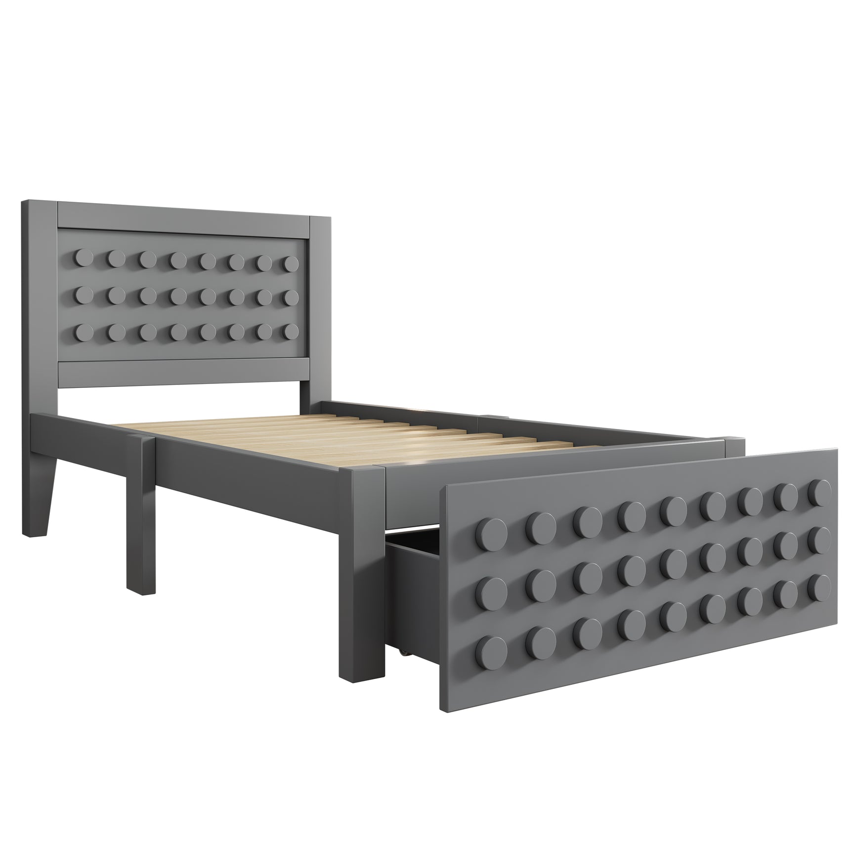Lit enfant gris 90x200 cm avec tiroir de rangement et design créatif en blocs, cadre en bois massif