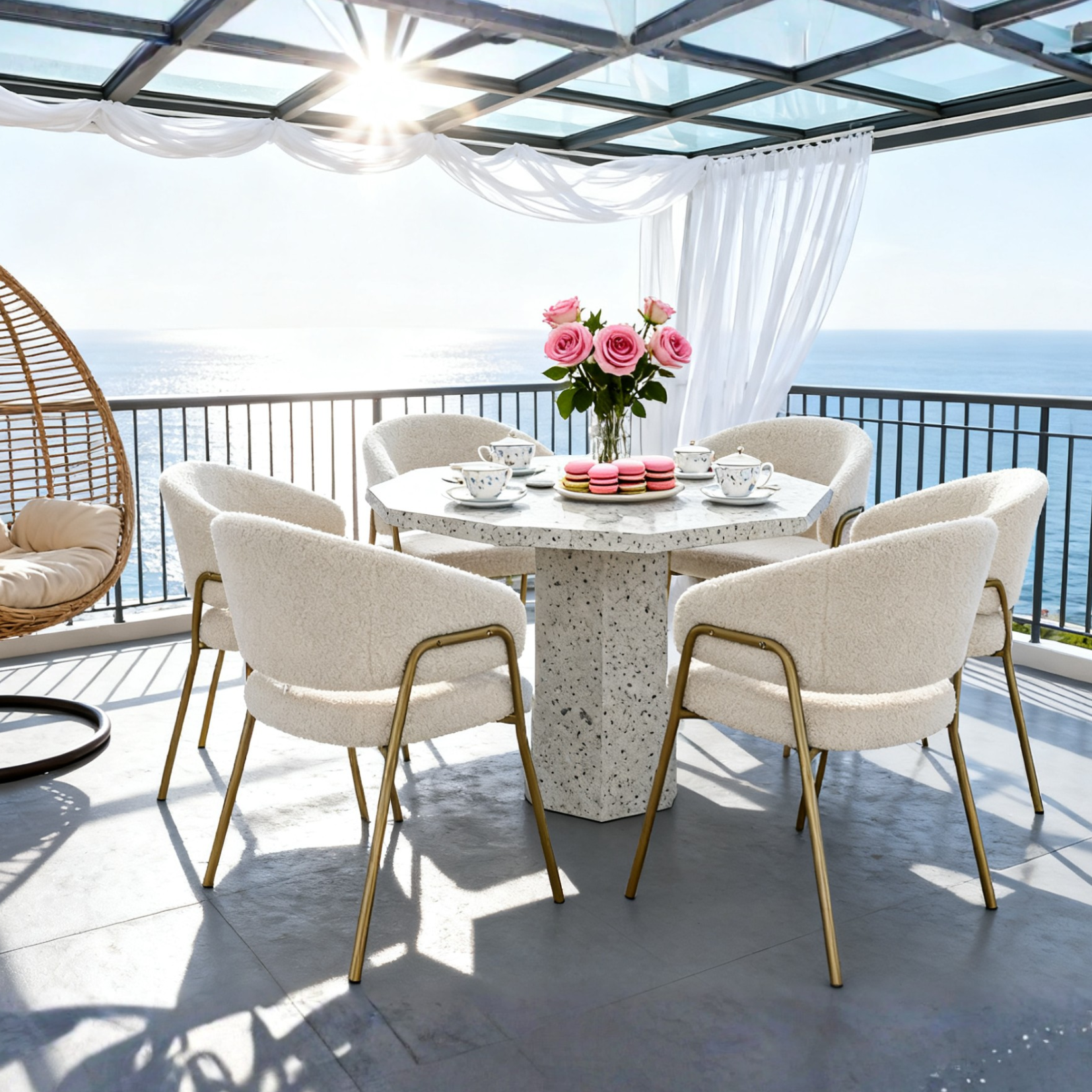 Lot de 6 chaises de salle à manger modernes en tissu effet laine blanche avec pieds dorés