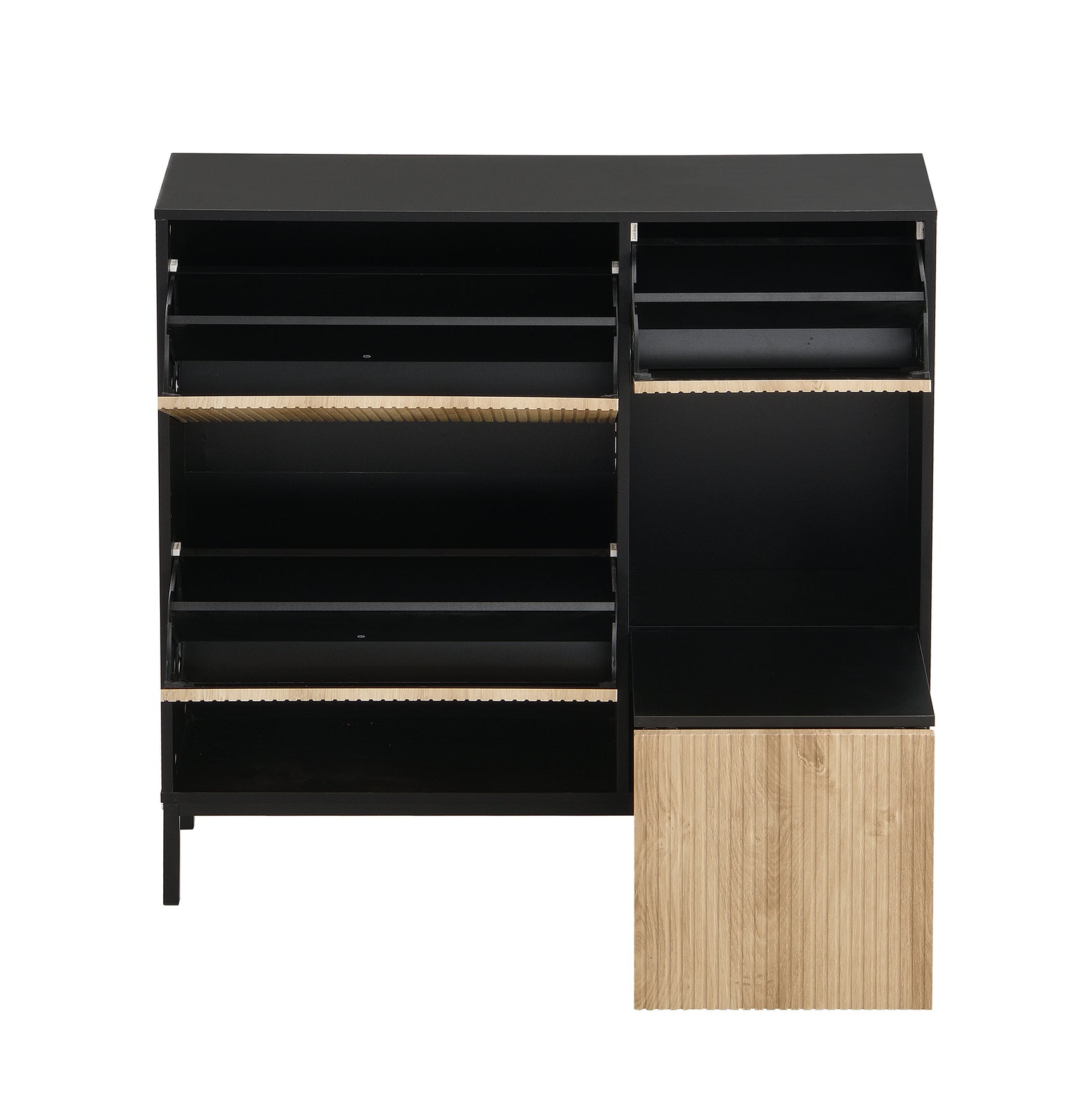 Meuble à chaussures avec banc intégré 100x25x100 cm en MDF noir et bois naturel, 3 abattants, étagères et assise escamotable, idéal pour entrée, couloir ou chambre