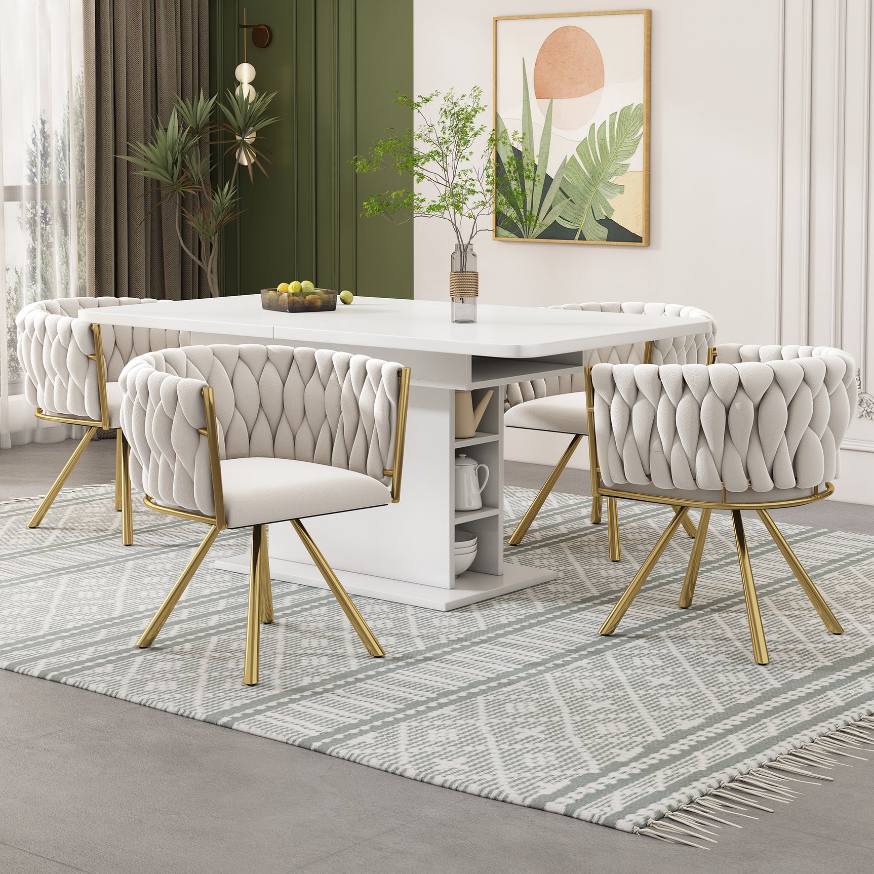 Lot de 4 chaises pivotantes de salle à manger en velours beige avec pieds en métal doré