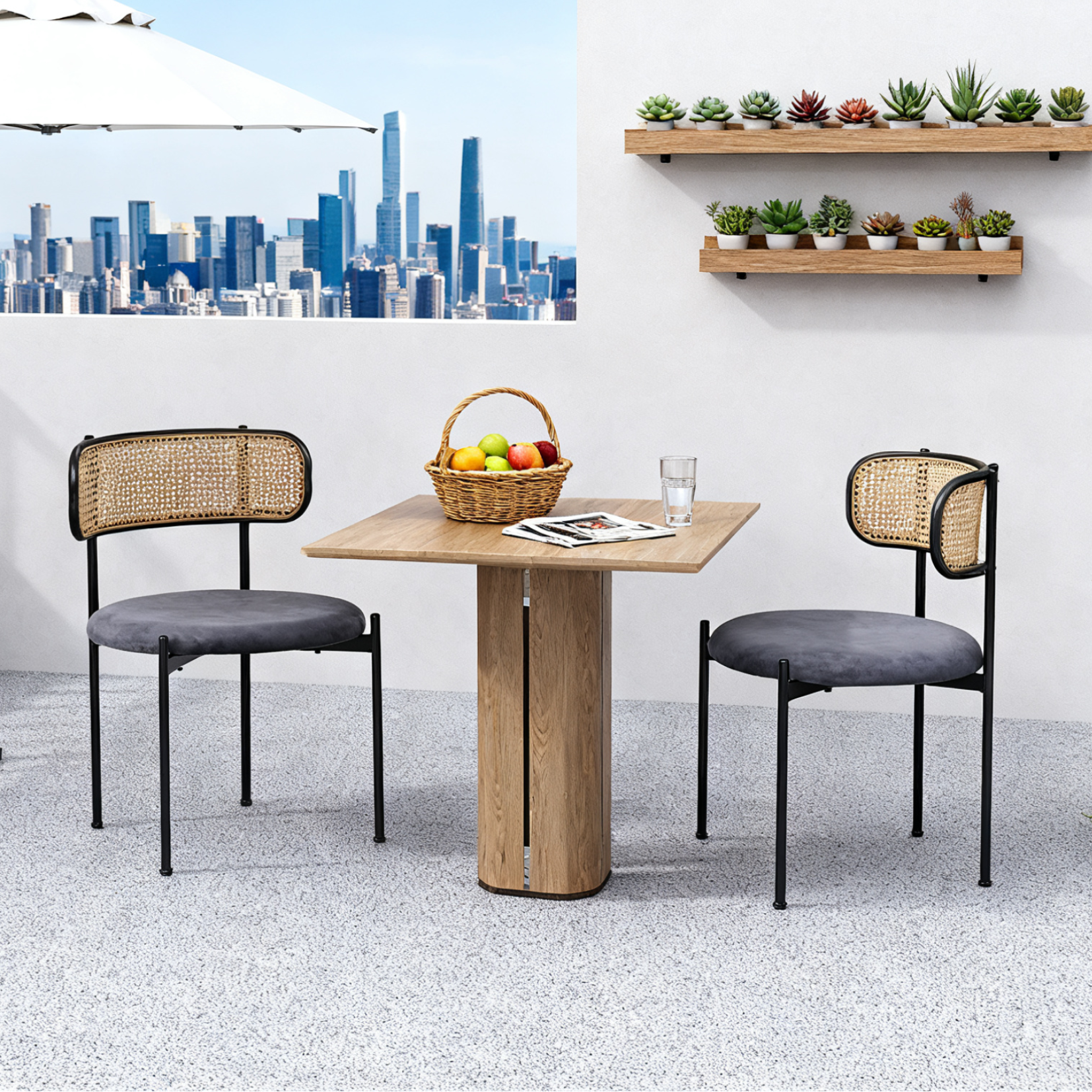 Lot de 2 chaises de salle à manger modernes en velours gris avec dossier en rotin et pieds en métal