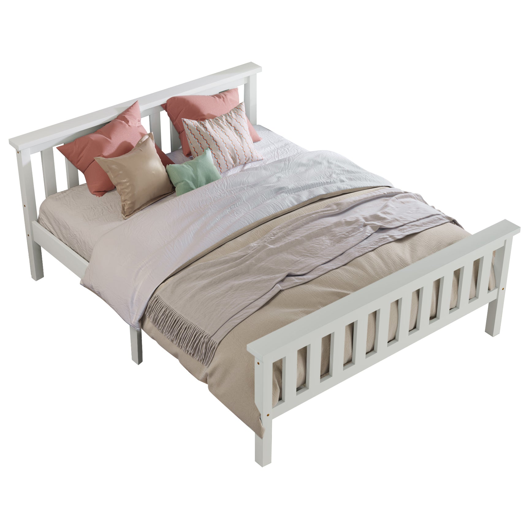 Lit double 140x200 cm en bois massif de pin blanc avec sommier à lattes – Design robuste et élégant pour adultes et enfants (sans matelas)