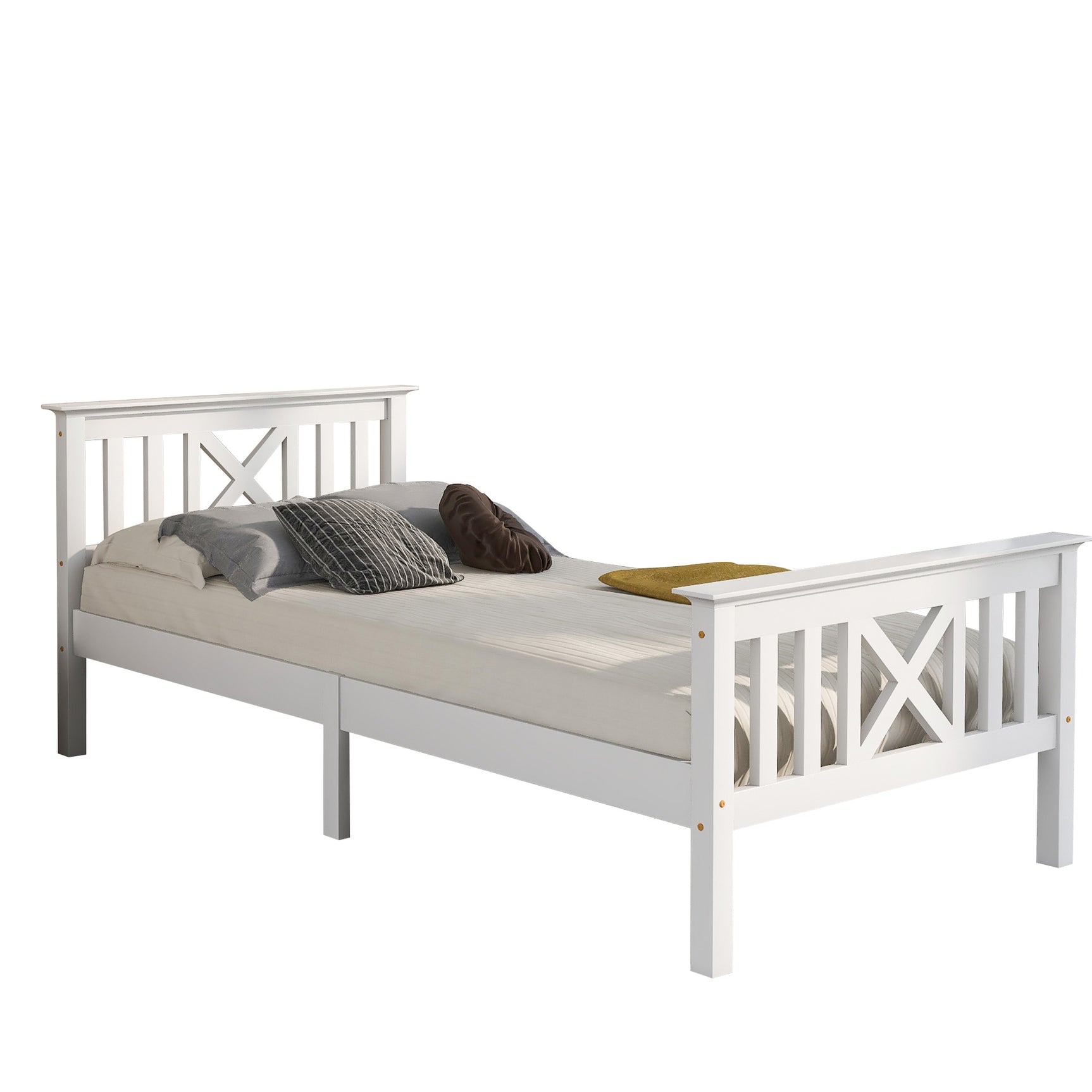 Einzelbett 90x200 cm weiß aus massivem Kiefernholz mit Lattenrost und Kopfteil (ohne Matratze)