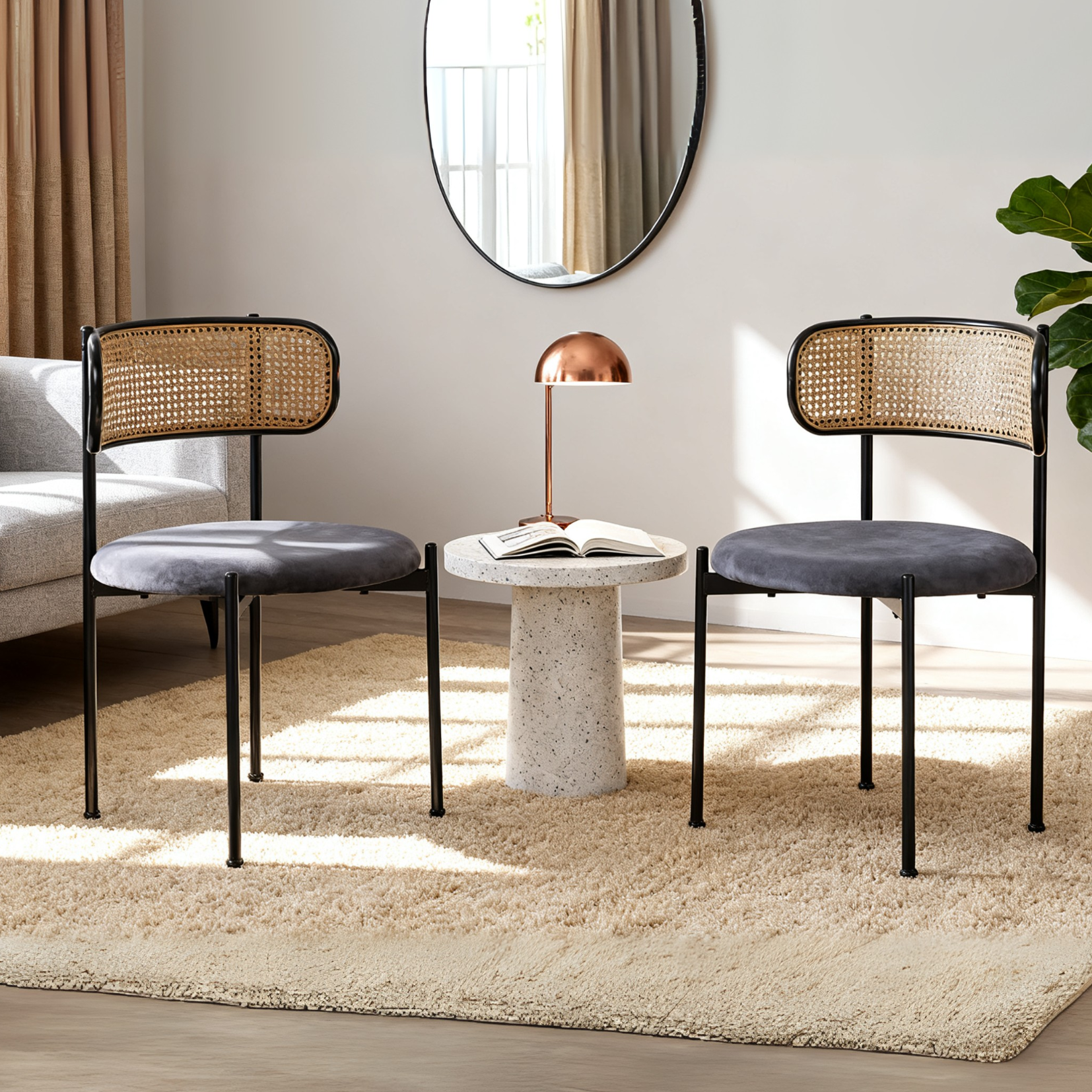 Lot de 2 chaises de salle à manger modernes en velours gris avec dossier en rotin et pieds en métal