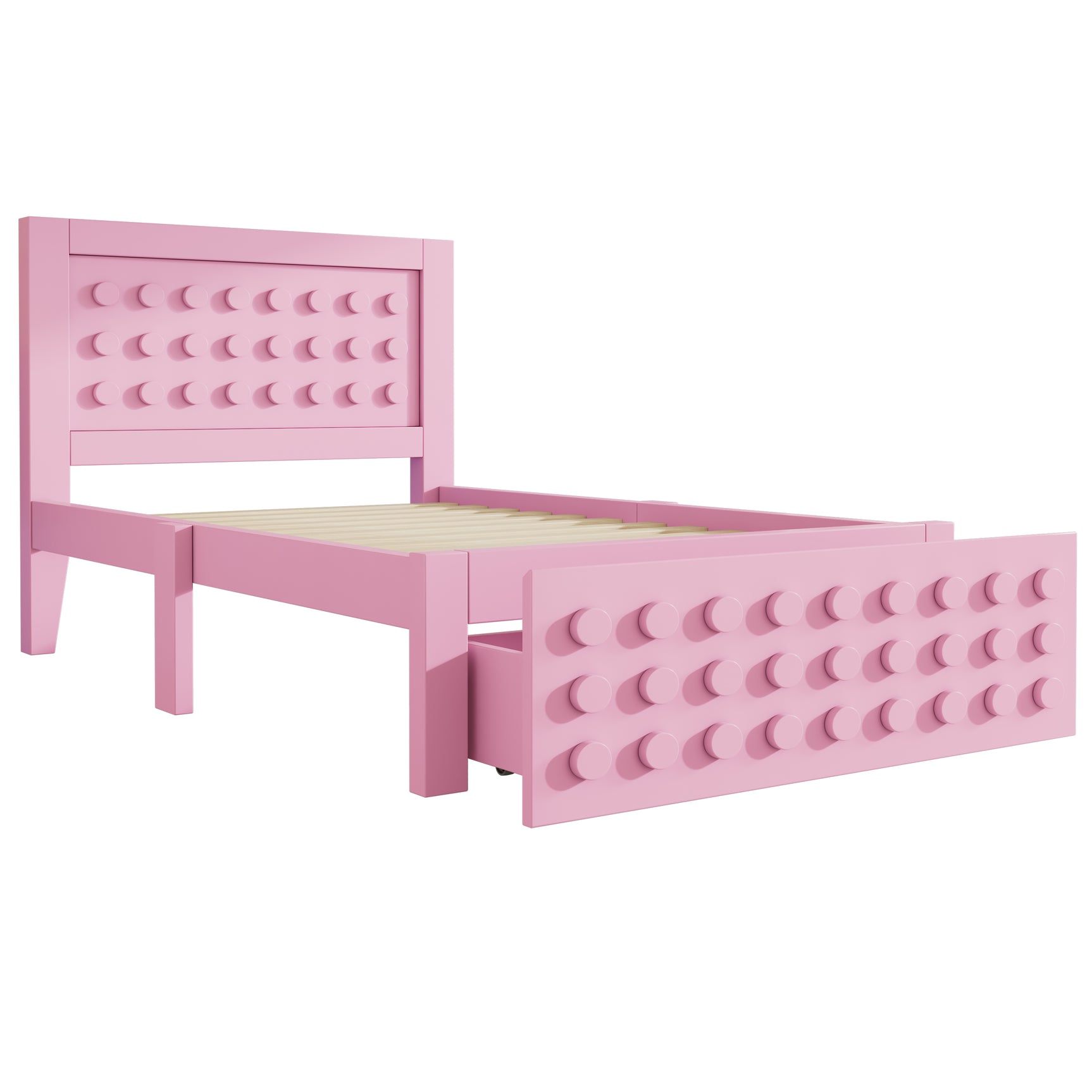 Lit enfant rose 90x200 cm avec tiroir de rangement et design créatif en blocs, cadre en bois massif