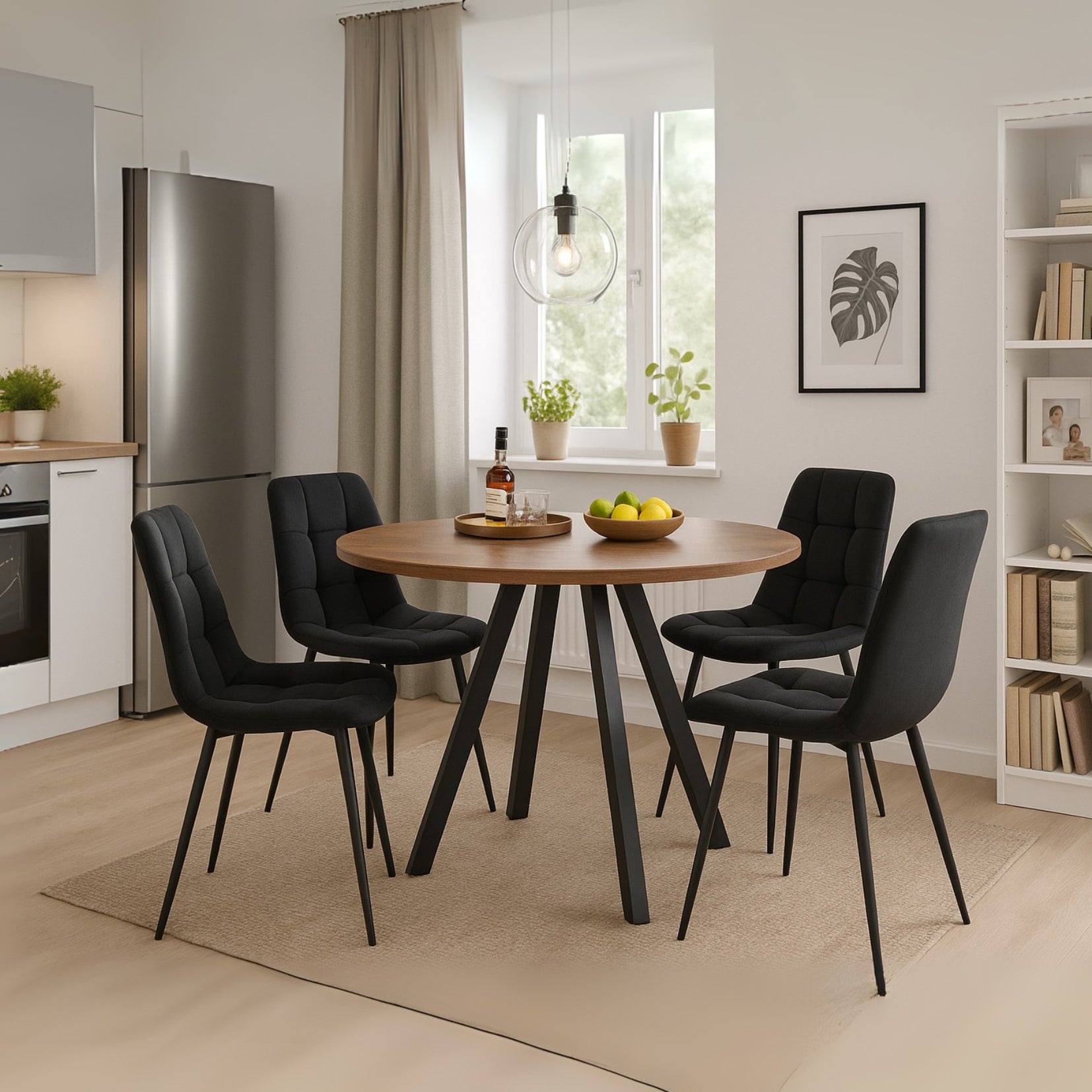 Runder Tisch in Walnussoptik Ø80 cm mit 4 schwarzen Samtstühlen, moderner und komfortabler Stil