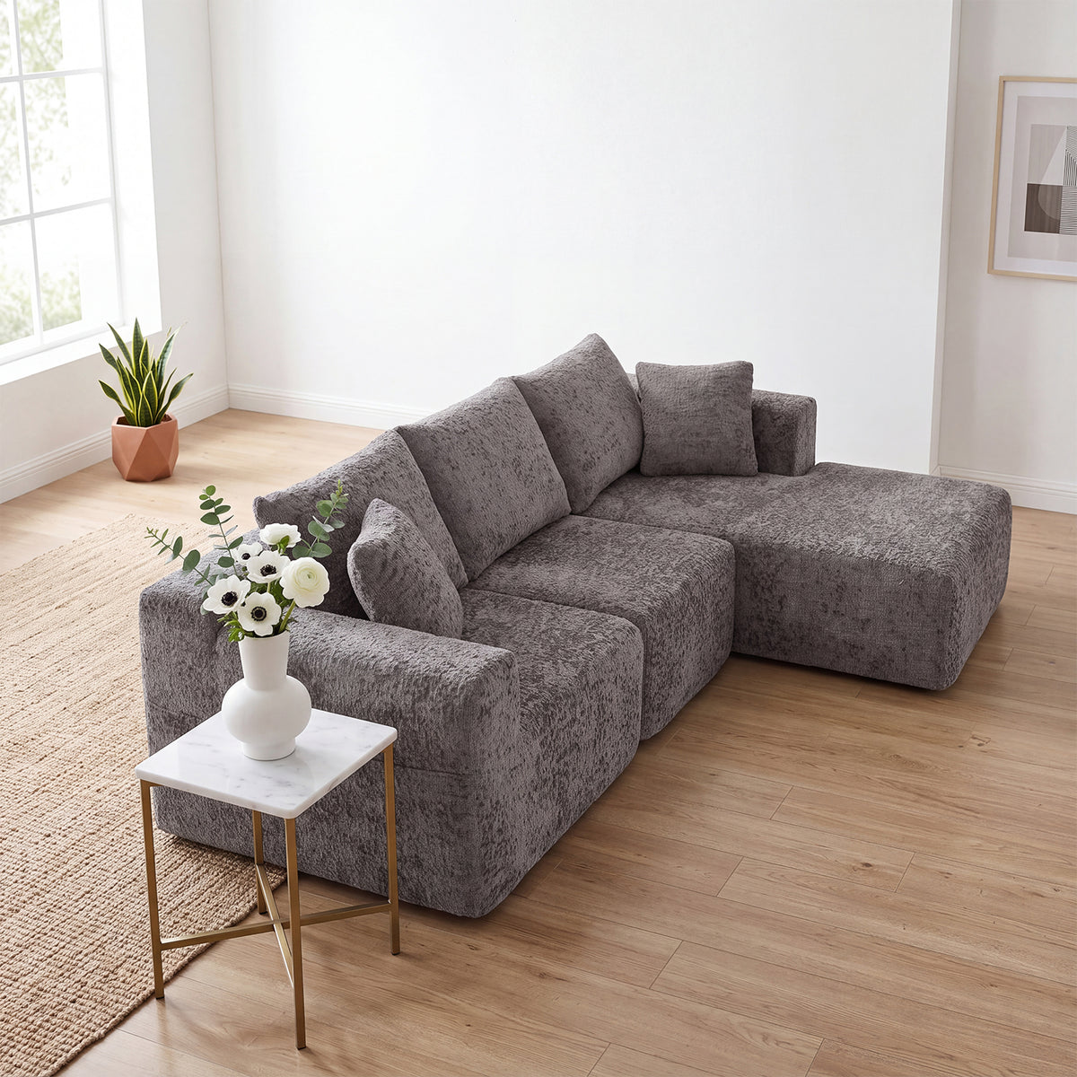 2-seater sofa bed in dark gray fabric with side pockets, modern convertible sofa