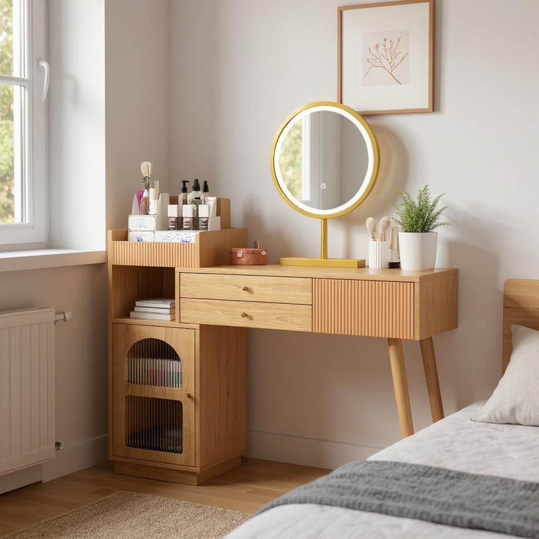 Moderner Friseur mit 3 -LED -LED -Spiegel, großer Stauraum und Seitenglasschrank, 120 x 40 x 90 cm