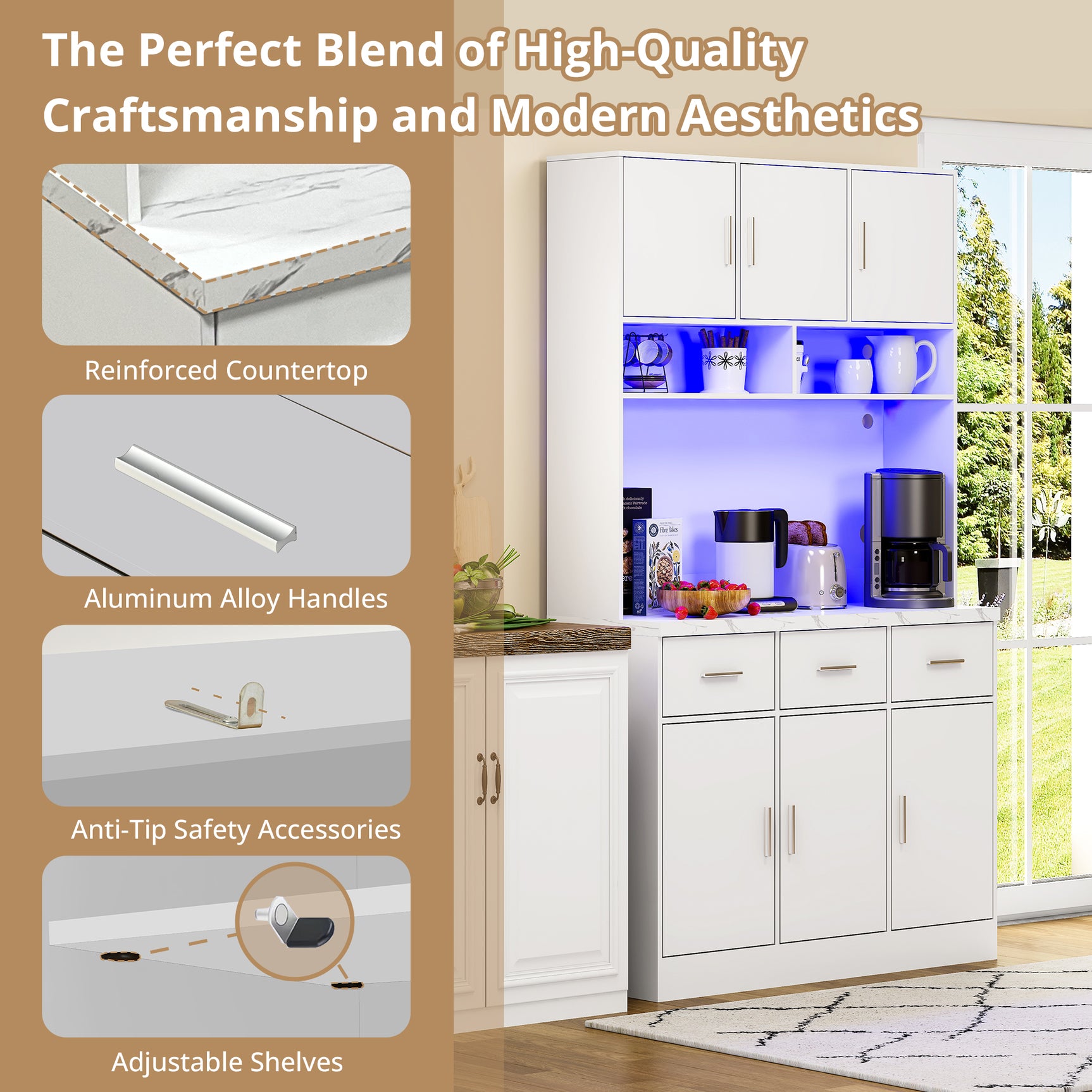 100x40x180 cm Multifunktions -Küchenbuffet in weißem MDF mit Fernbedienungs -LEDs, elektrischen Steckdosen, USB -Anschlüssen, Schubladen und einstellbaren Regalen