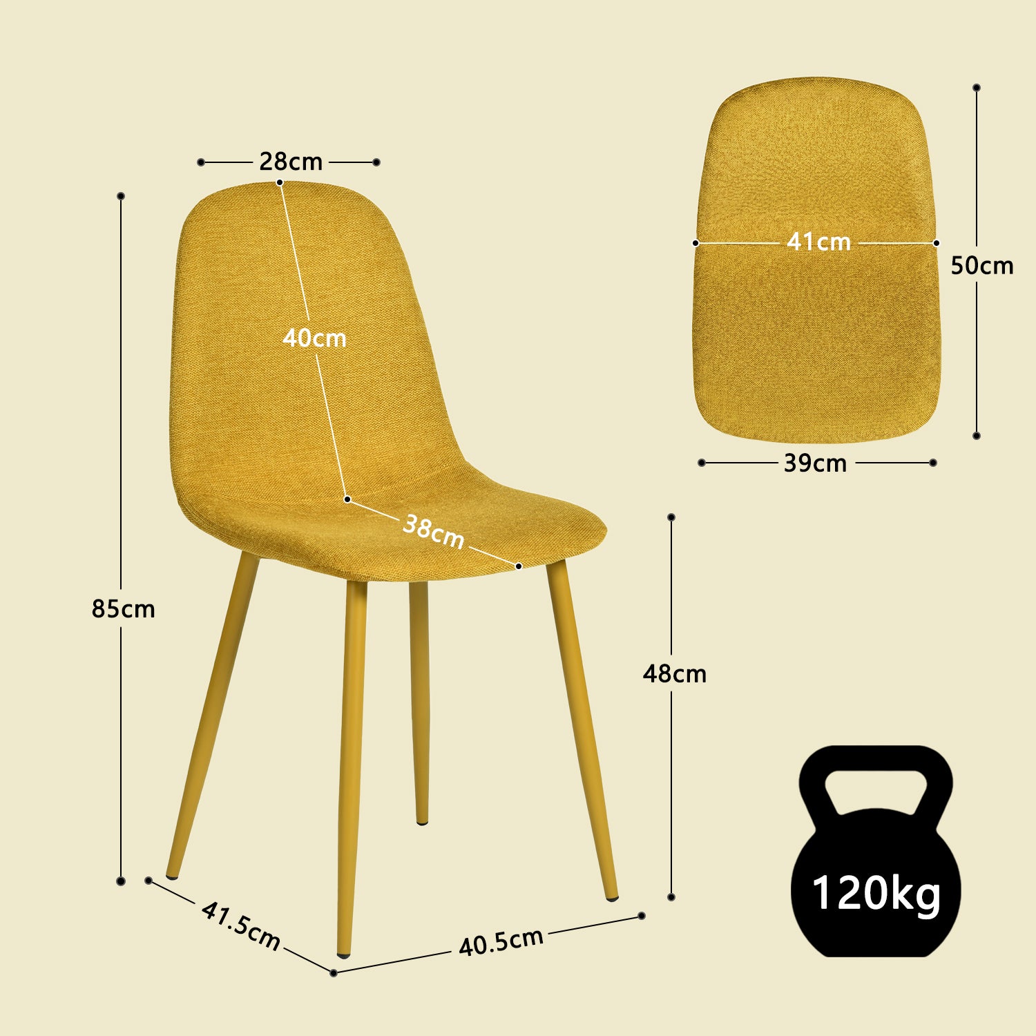 Lot de 4 chaises de salle à manger en tissu jaune doux, chaises de détente avec dossier et pieds métalliques assortis scandinave - CHARLTON