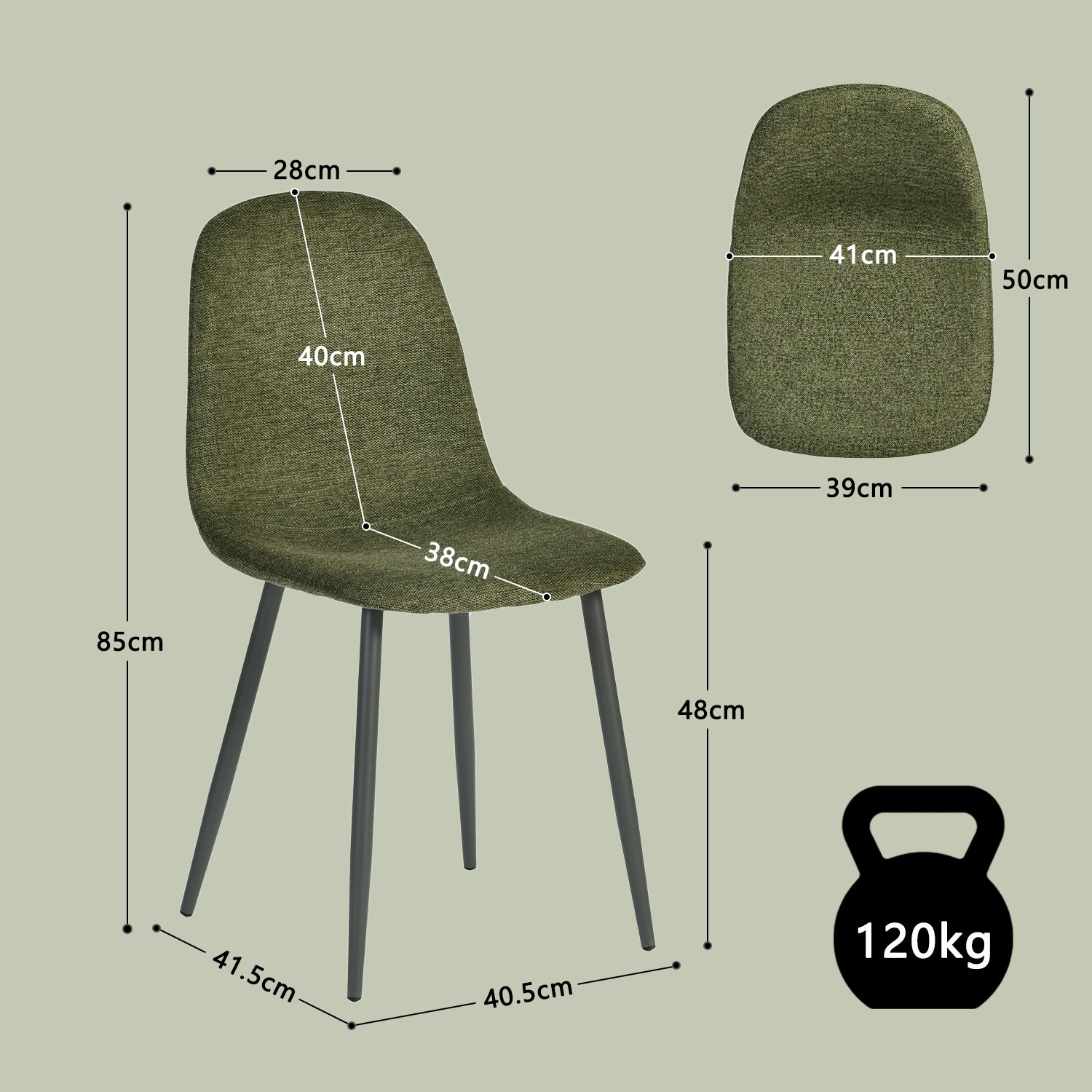 Lot de 4 chaises de salle à manger en tissu vert doux, chaises de détente avec dossier et pieds métalliques assortis scandinave - CHARLTON
