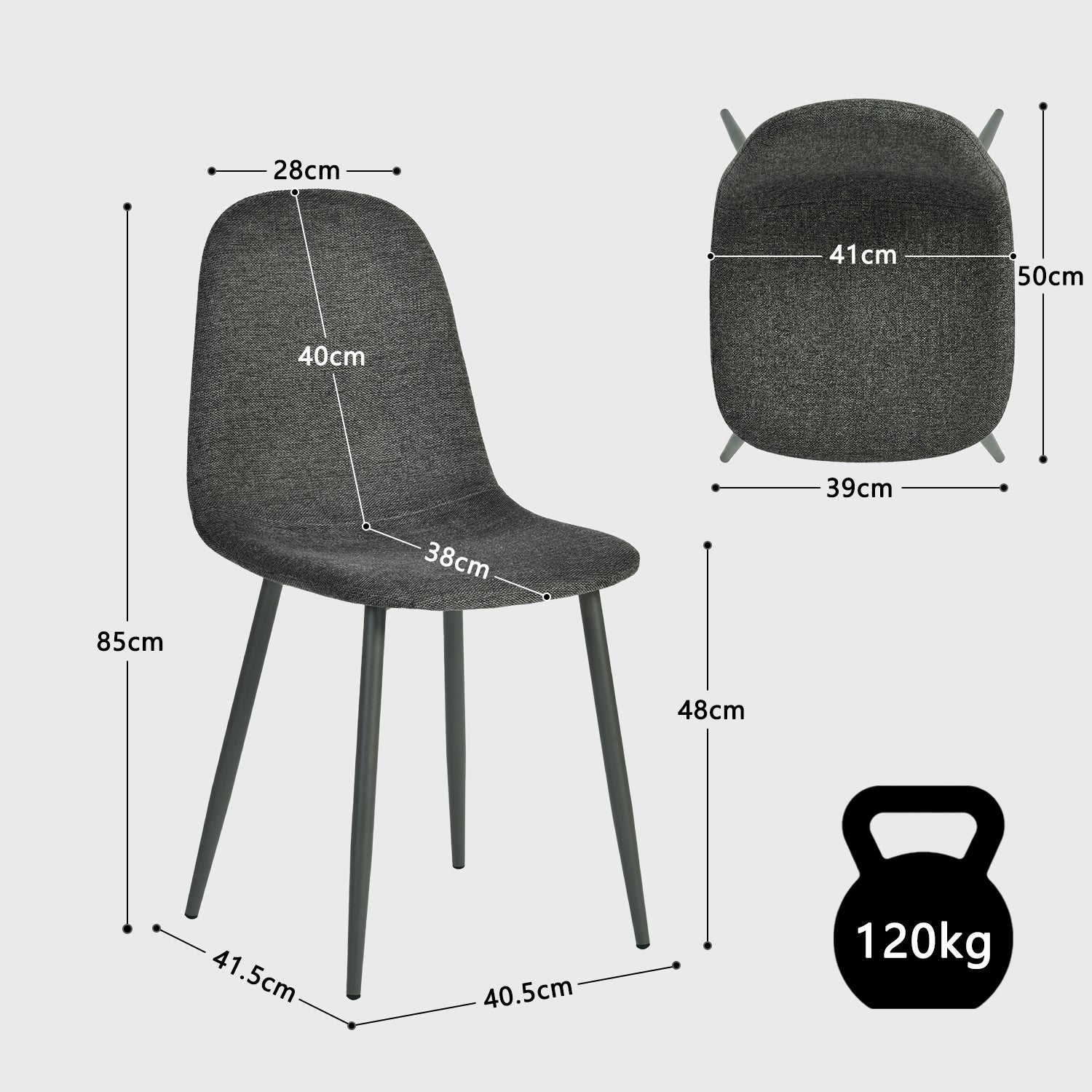 Lot de 4 chaises de salle à manger en tissu gris doux, chaises de détente avec dossier et pieds métalliques assortis scandinave - CHARLTON