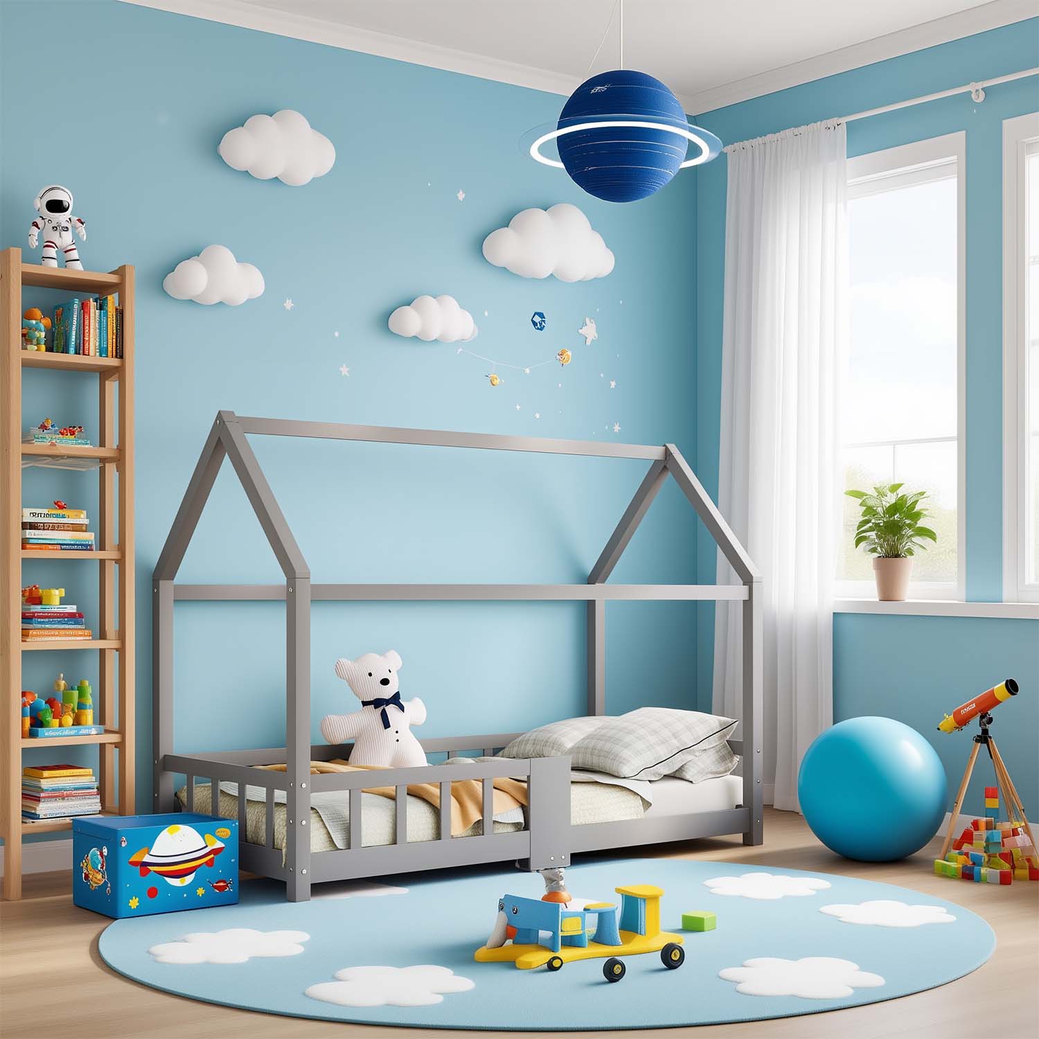 Lit cabane enfant 90x200 cm gris en bois massif avec tableau noir, sommier à lattes et barrières de sécurité, sans matelas