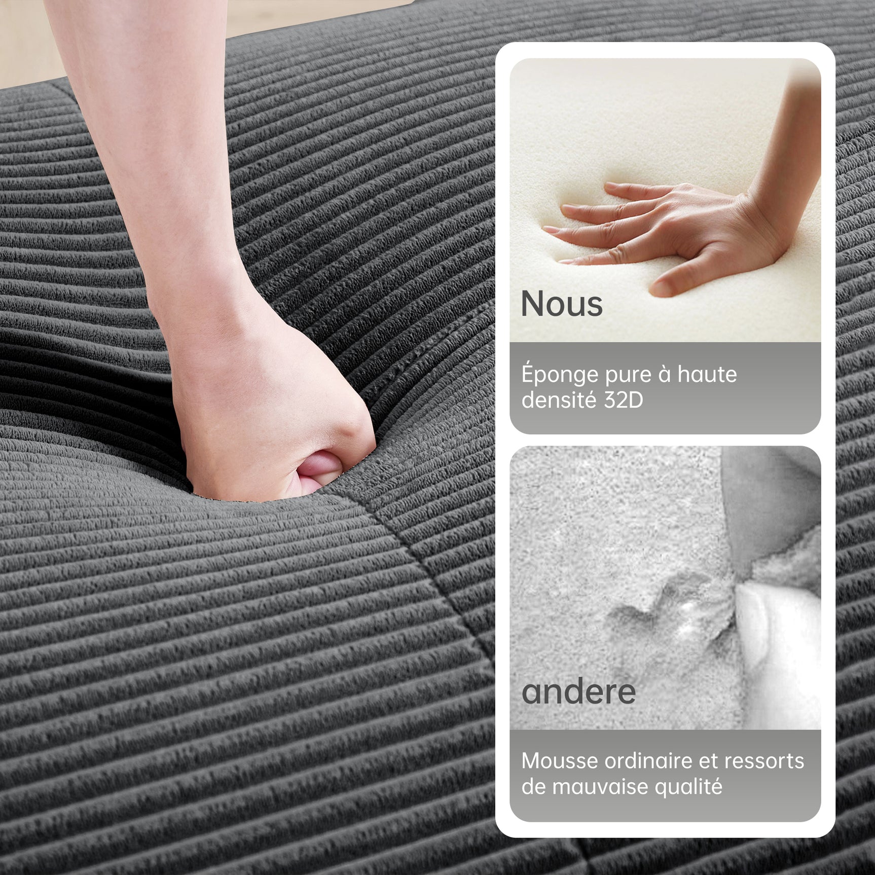 Ensemble de canapés avec accoudoirs incurvés et base antidérapante en tissu velours côtelé doux pour le salon, gris, siège 2 + tabouret 2