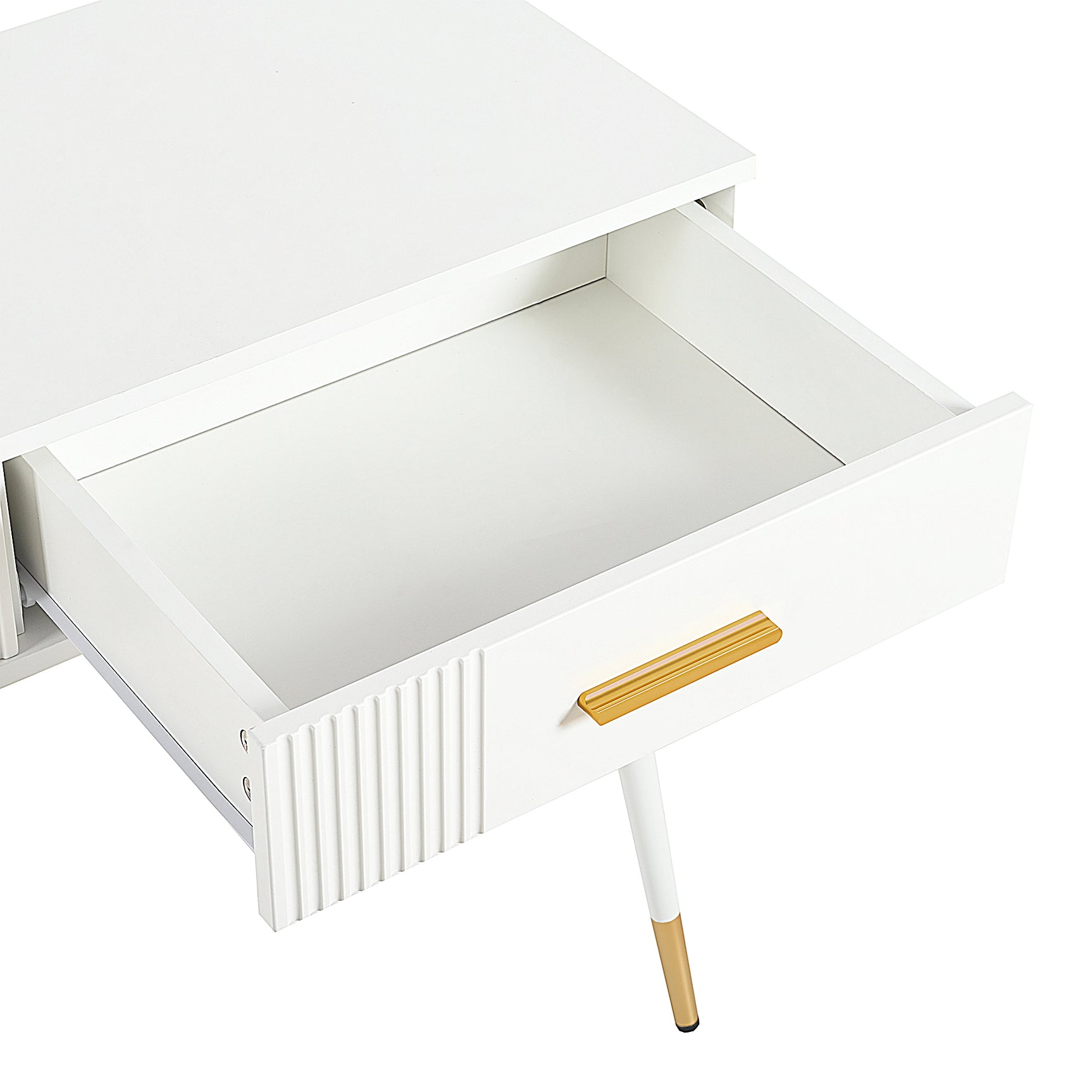 Coiffeuse ou bureau blanc au design moderne avec 2 tiroirs spacieux et pieds en métal doré, 100x40x76 cm.