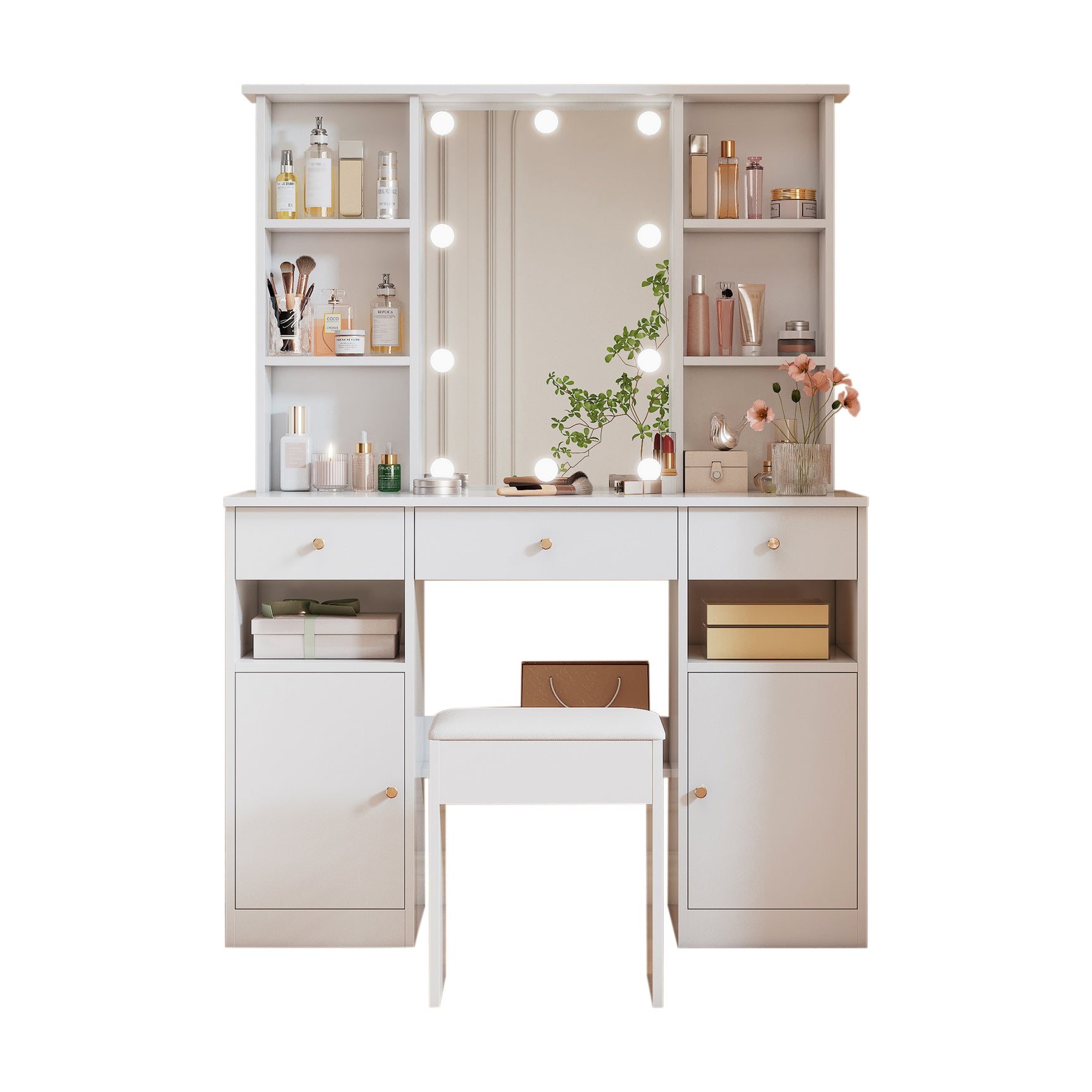 Grande coiffeuse blanche avec miroir, tabouret et éclairage LED réglable, 3 tiroirs et 2 portes de rangement