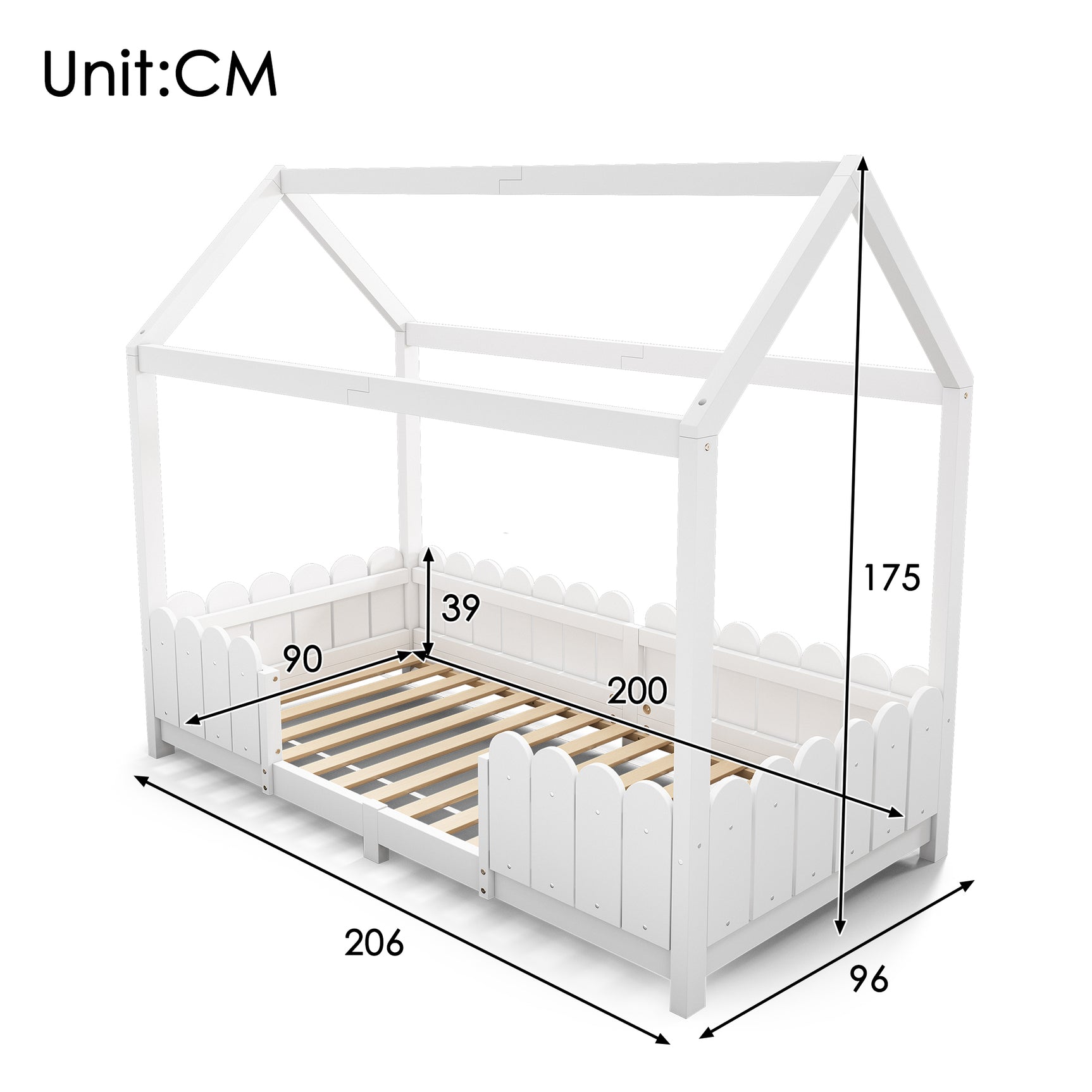 Kinderkabine 90x200 cm weiß in festem Holz mit Sicherheitsbarrieren und Schleiferboxen (ohne Matratzen)