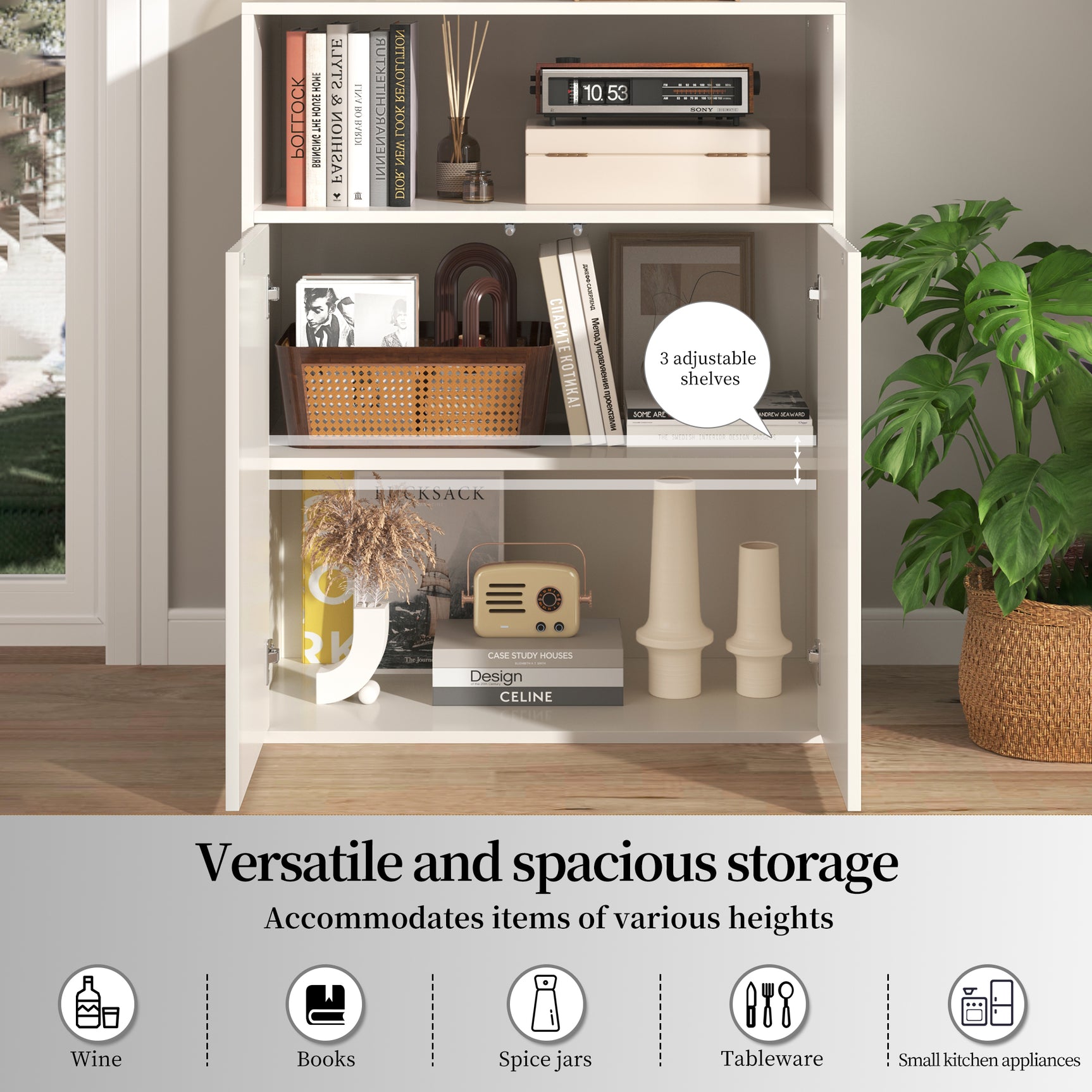 Buffet de rangement blanc 70x35x90 cm en MDF avec 2 portes magnétiques