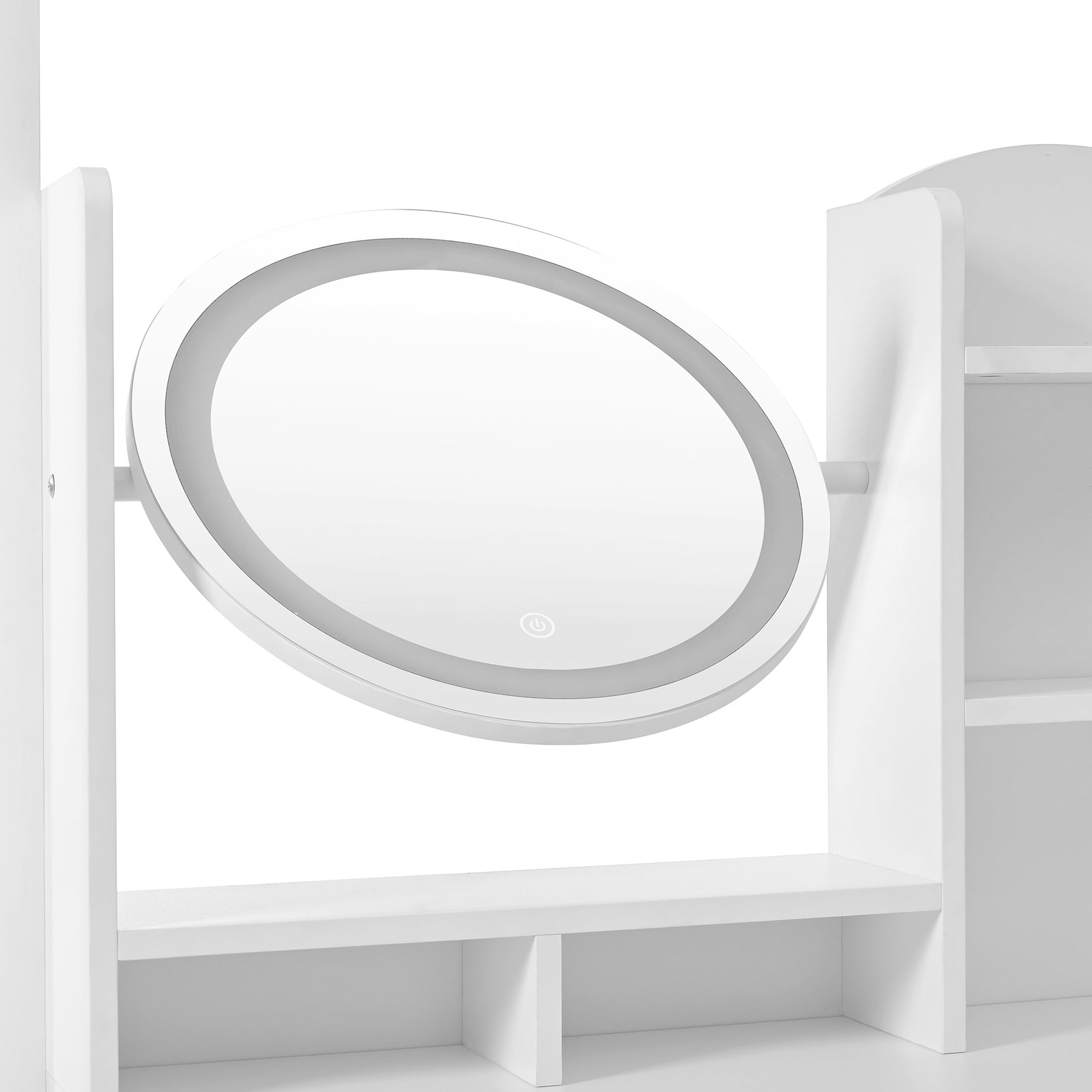 Coiffeuse 4-en-1 blanche avec miroir entier et miroir de table rotatif, tabouret rembourré, rangement intégré et éclairage LED 3 couleurs, 109x36x164 cm