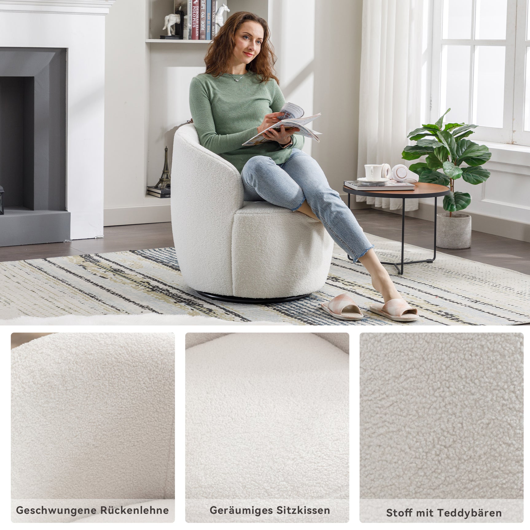 Fauteuil pivotant en tissu Teddy blanc, design œuf avec dossier rembourré et base rotative 360°