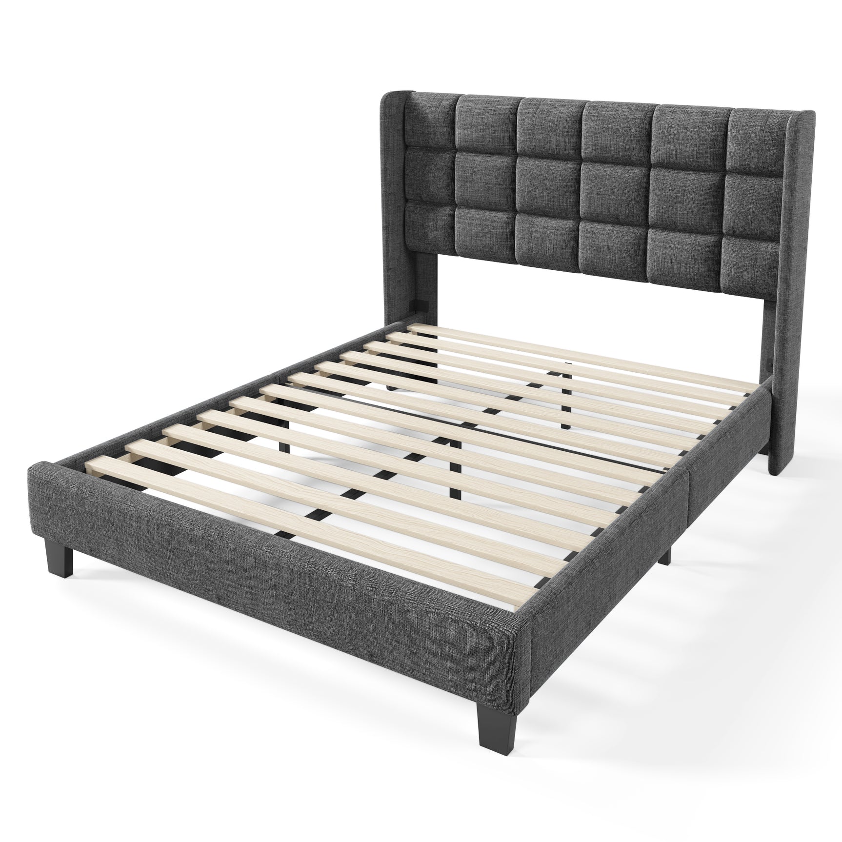 Lit double 140x200 cm en tissu gris avec tête de lit capitonnée et sommier à lattes inclus, design élégant et confortable (matelas non inclus)