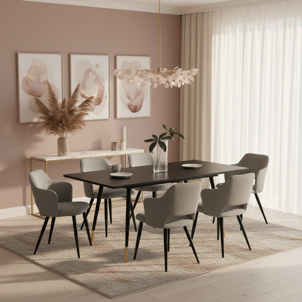 Round Table Table Table Table Timber Ø80 cm with 4 black velvet chairs, modern and comfortable style