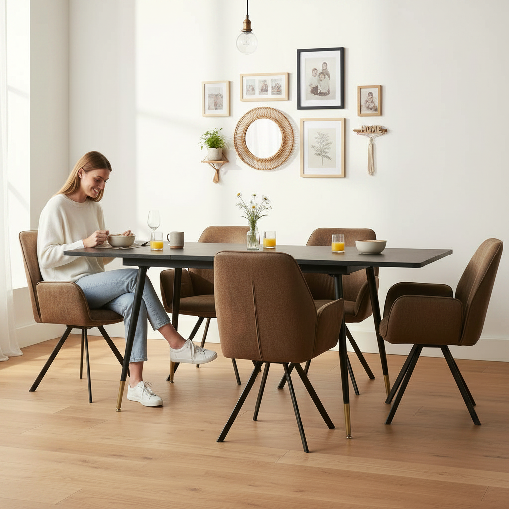 Round Table Table Table Table Timber Ø80 cm with 4 black velvet chairs, modern and comfortable style