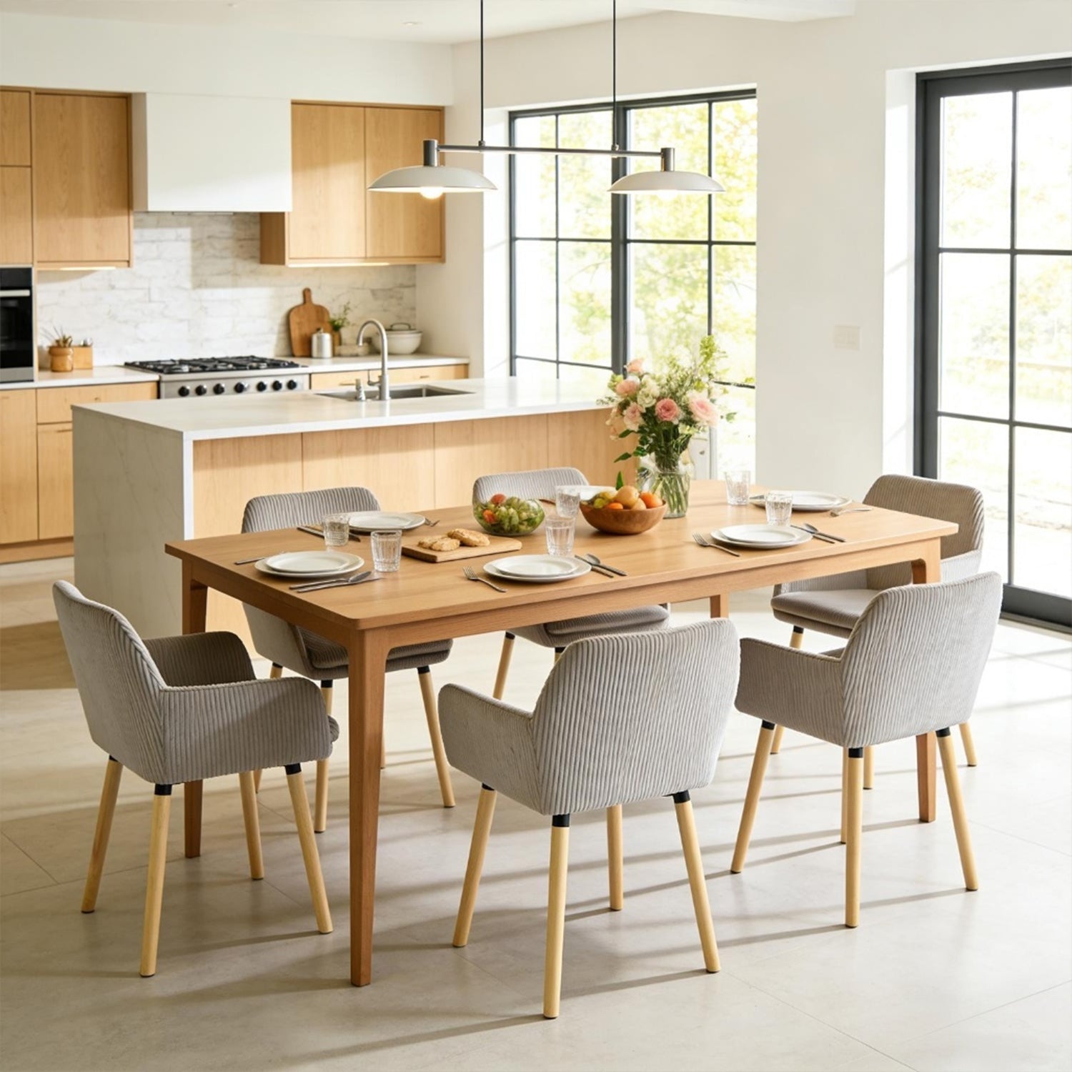 Lot de 6 chaises de salle à manger de style scandinave avec pieds en bois et accoudoirs en velours côtelé gris - ELIA