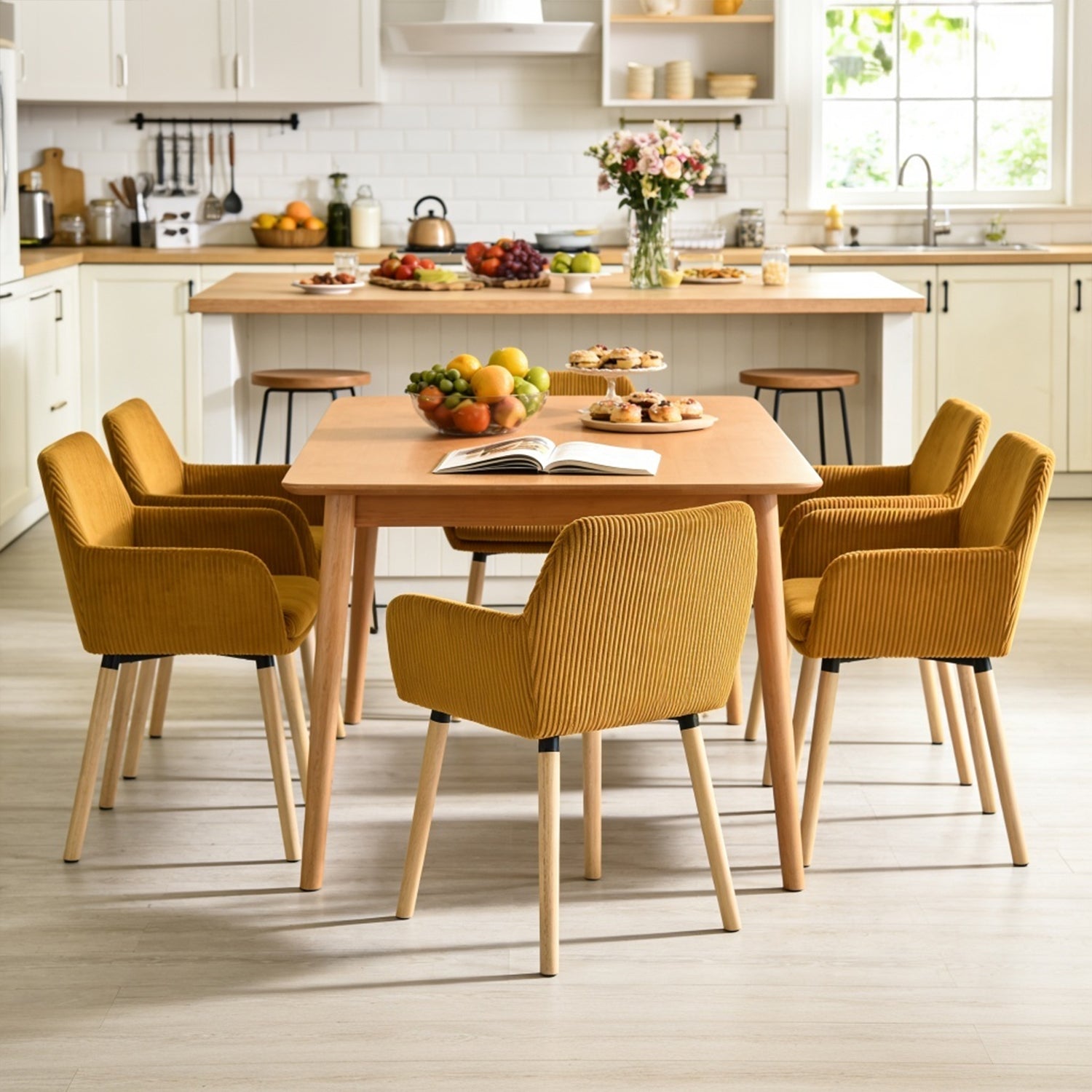 Lot de 6 chaises de salle à manger de style scandinave avec pieds en bois et accoudoirs en velours côtelé jaune - ELIA