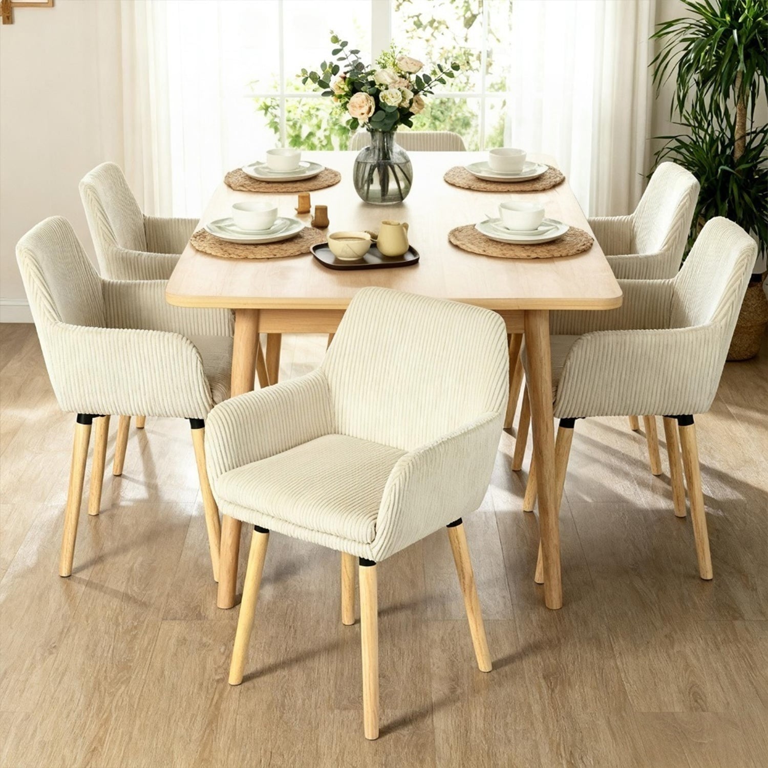 Lot de 6 chaises de salle à manger de style scandinave avec pieds en bois et accoudoirs en velours côtelé beige - ELIA