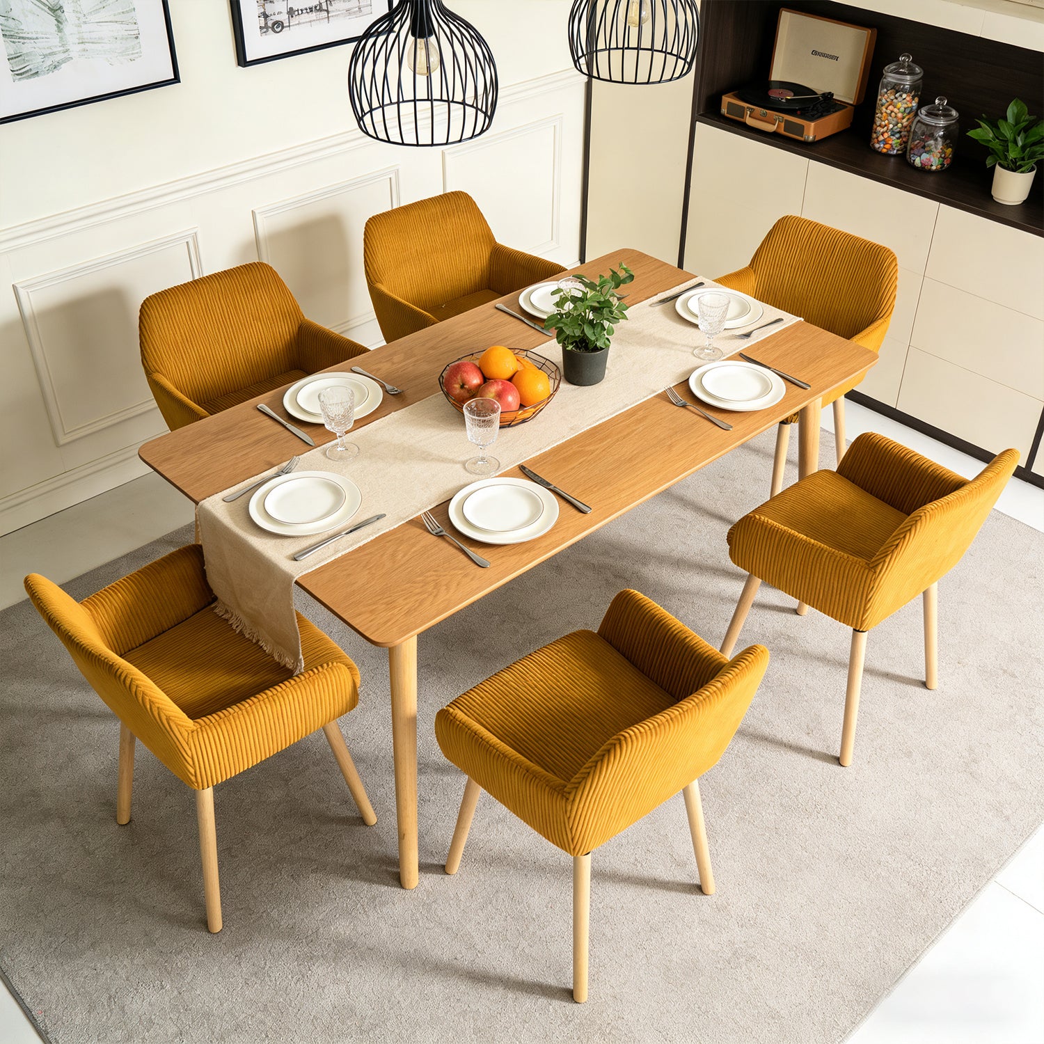 Lot de 6 chaises de salle à manger de style scandinave avec pieds en bois et accoudoirs en velours côtelé jaune - ELIA