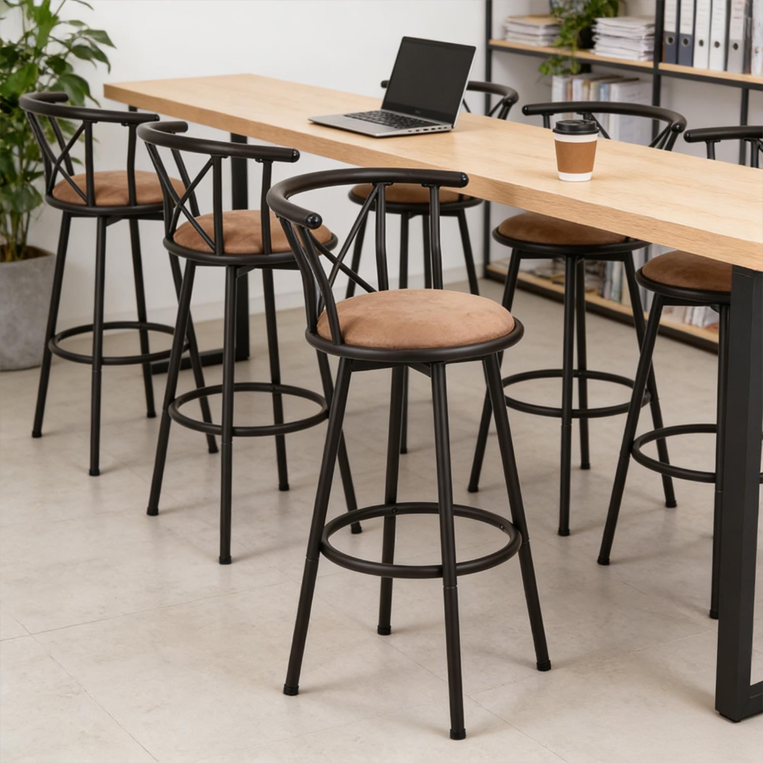 Lot de 6 tabourets de bar industriels pivotants avec dossier en tissu marron - HAILEY 29