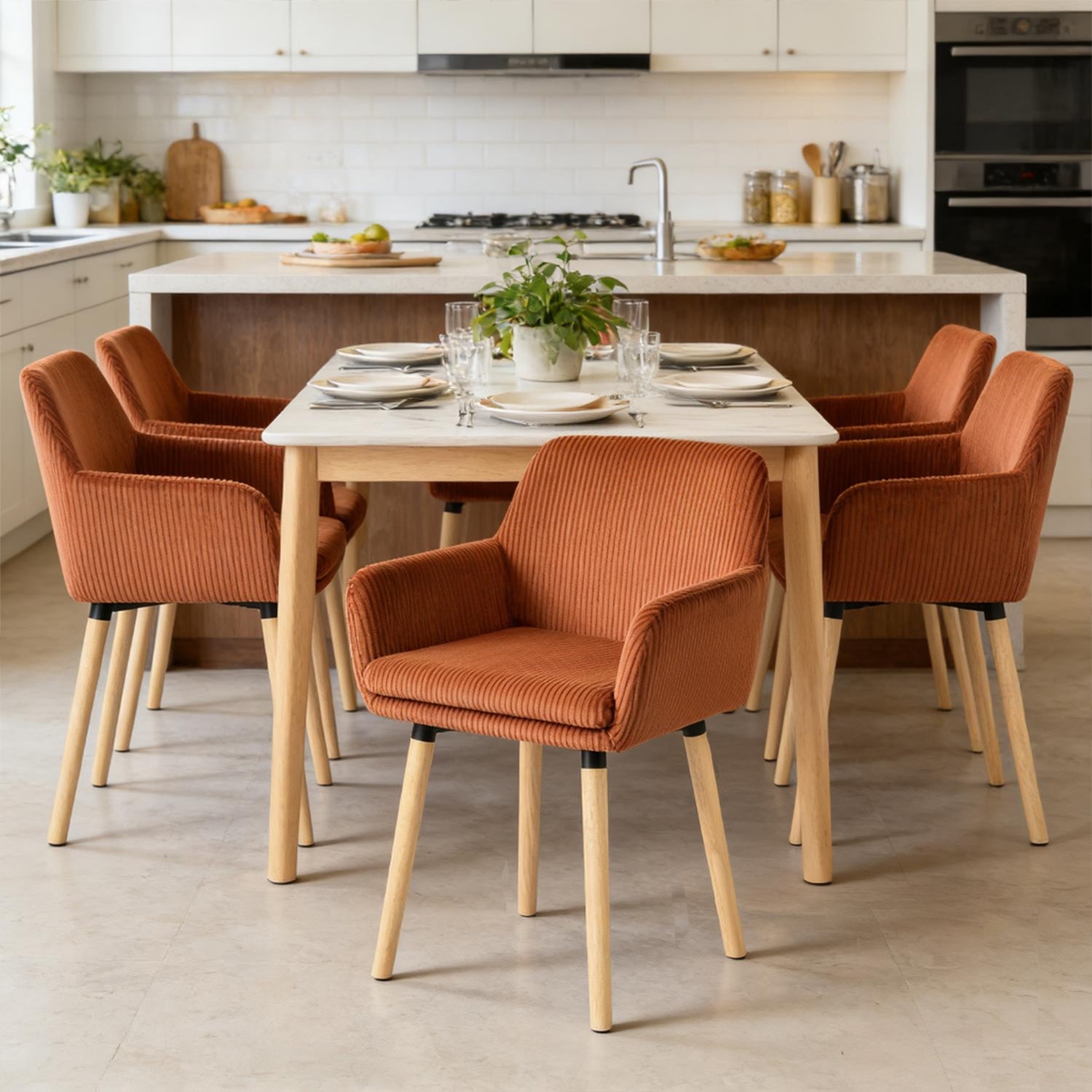 Lot de 6 chaises de salle à manger de style scandinave avec pieds en bois et accoudoirs en velours côtelé rouge - ELIA