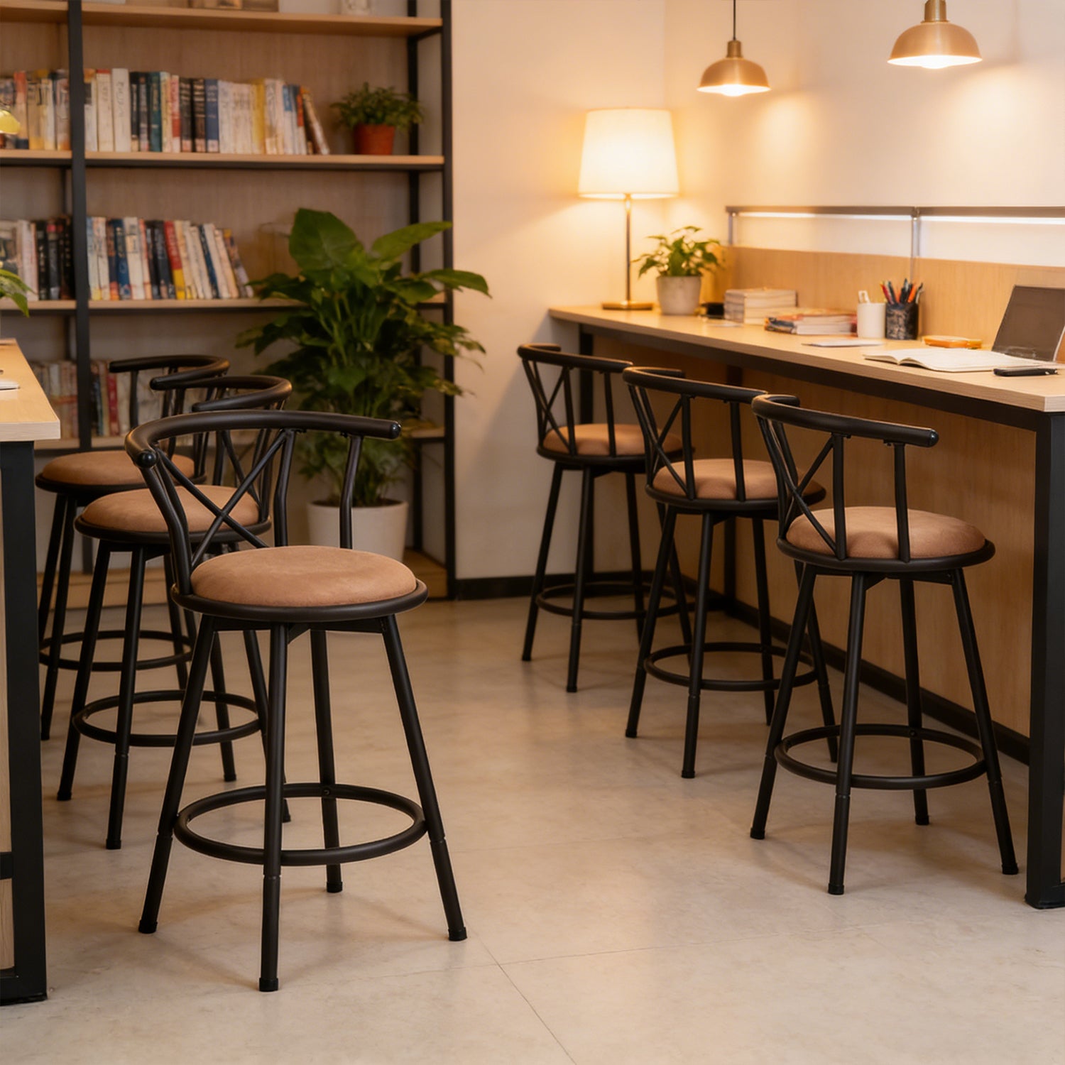 Set mit 6 drehbaren Industrie-Barhockern mit brauner Stoffrückseite – HAILEY 24