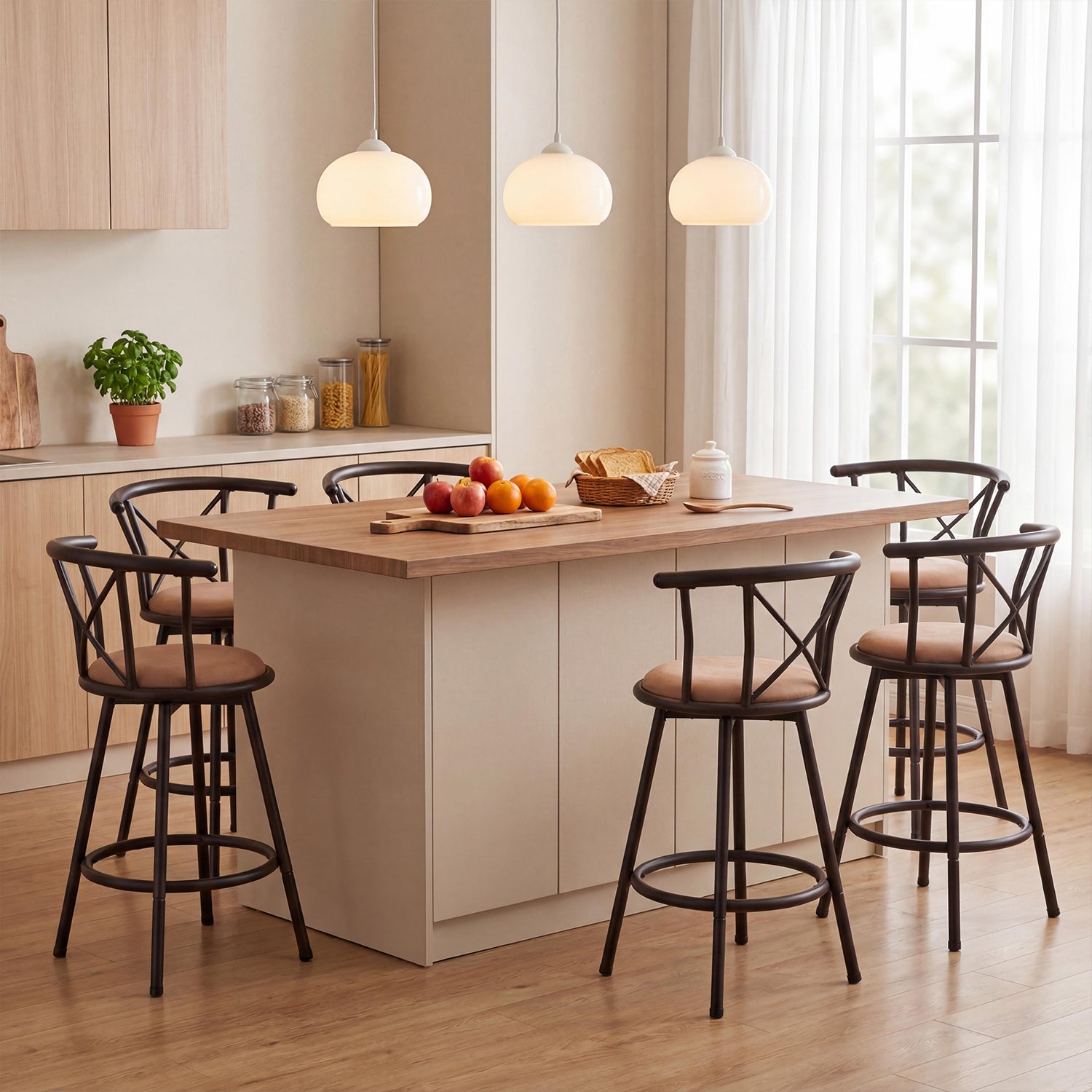 Set mit 6 drehbaren Industrie-Barhockern mit brauner Stoffrückseite – HAILEY 24