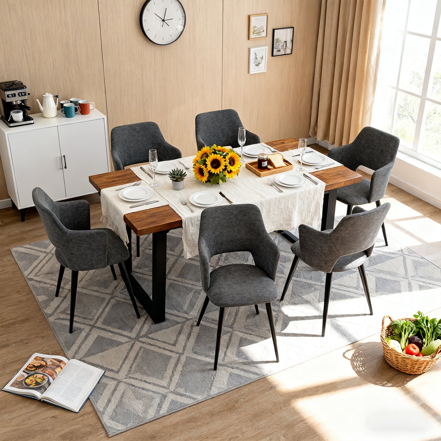 Set aus 6 skandinavischen Esszimmersesseln mit grauen Stoffarmlehnen – AKANJI