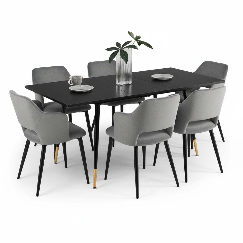 Round Table Table Table Table Timber Ø80 cm with 4 black velvet chairs, modern and comfortable style