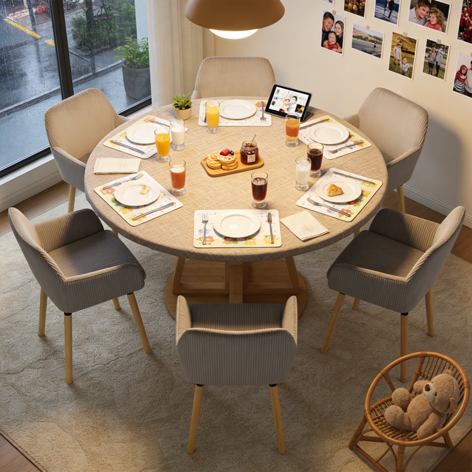 Lot de 6 chaises de salle à manger de style scandinave avec pieds en bois et accoudoirs en velours côtelé gris - ELIA