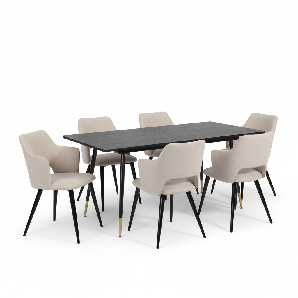 Ensemble de salle à manger comprenant une table extensible et 6 fauteuils avec accoudoirs en tissu beige
