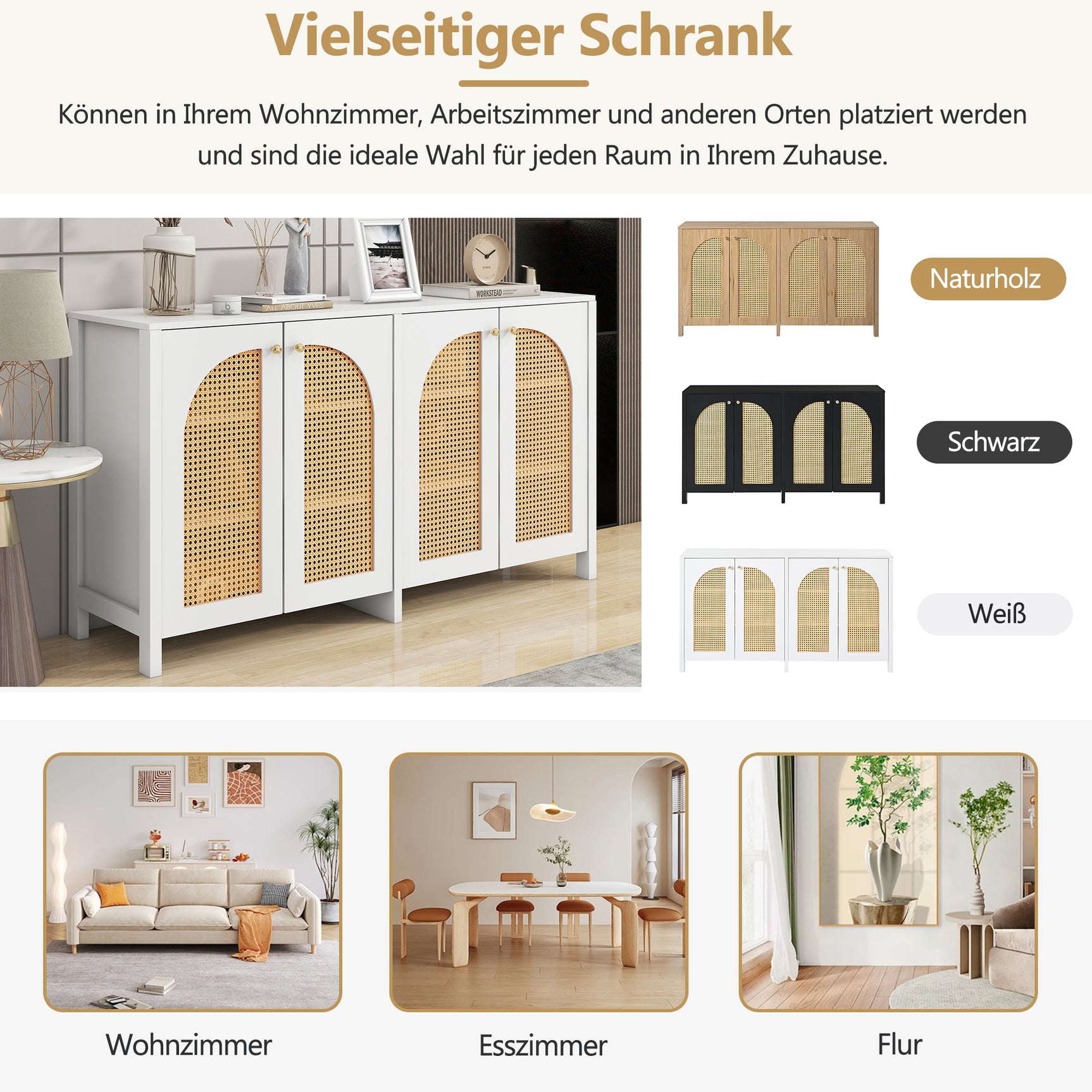 Buffet moderne blanc en MDF avec 4 portes en rotin PE et poignées en métal