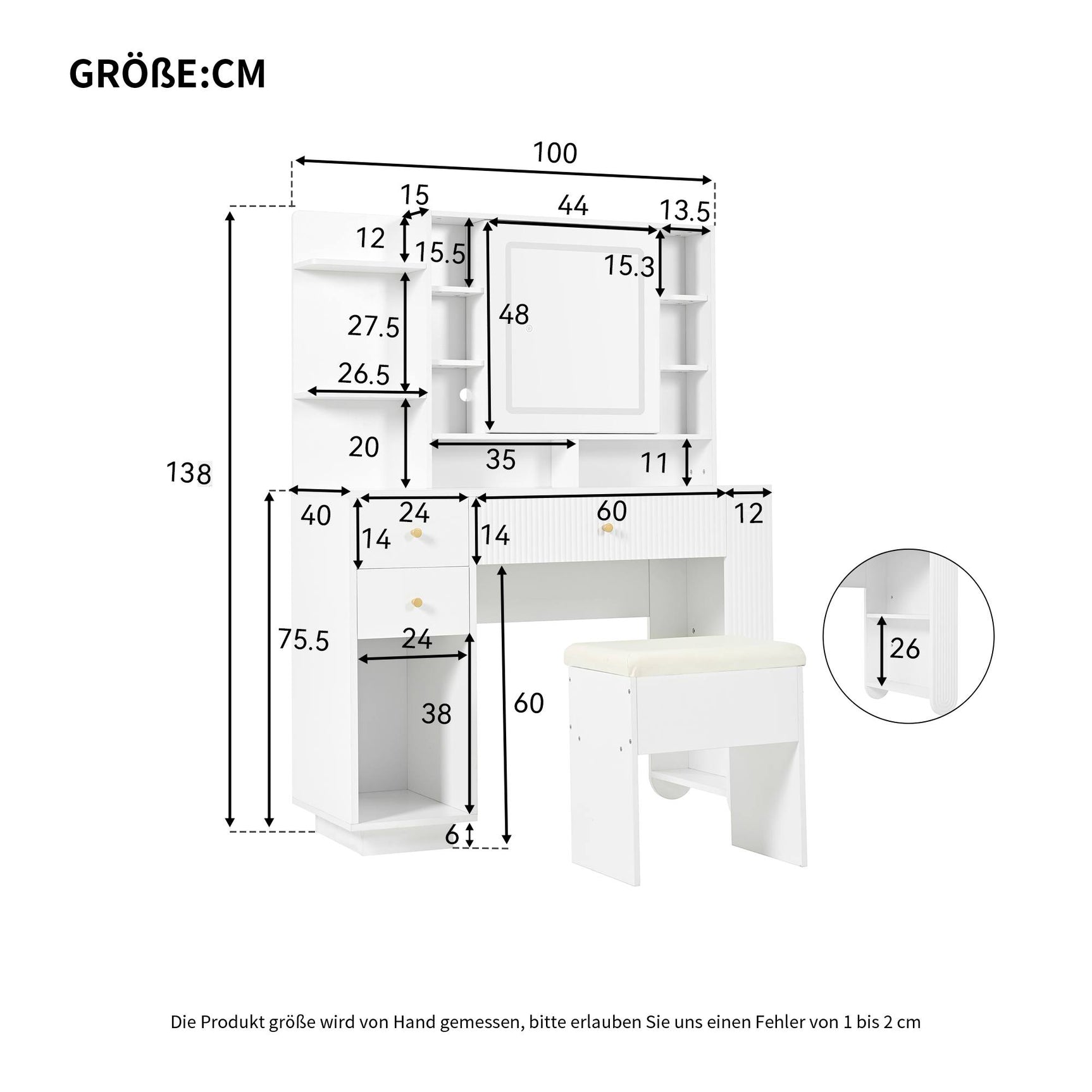 Coiffeuse moderne avec miroir éclairé & tabouret – Table de maquillage avec éclairage réglable, tiroirs & rangements ouverts